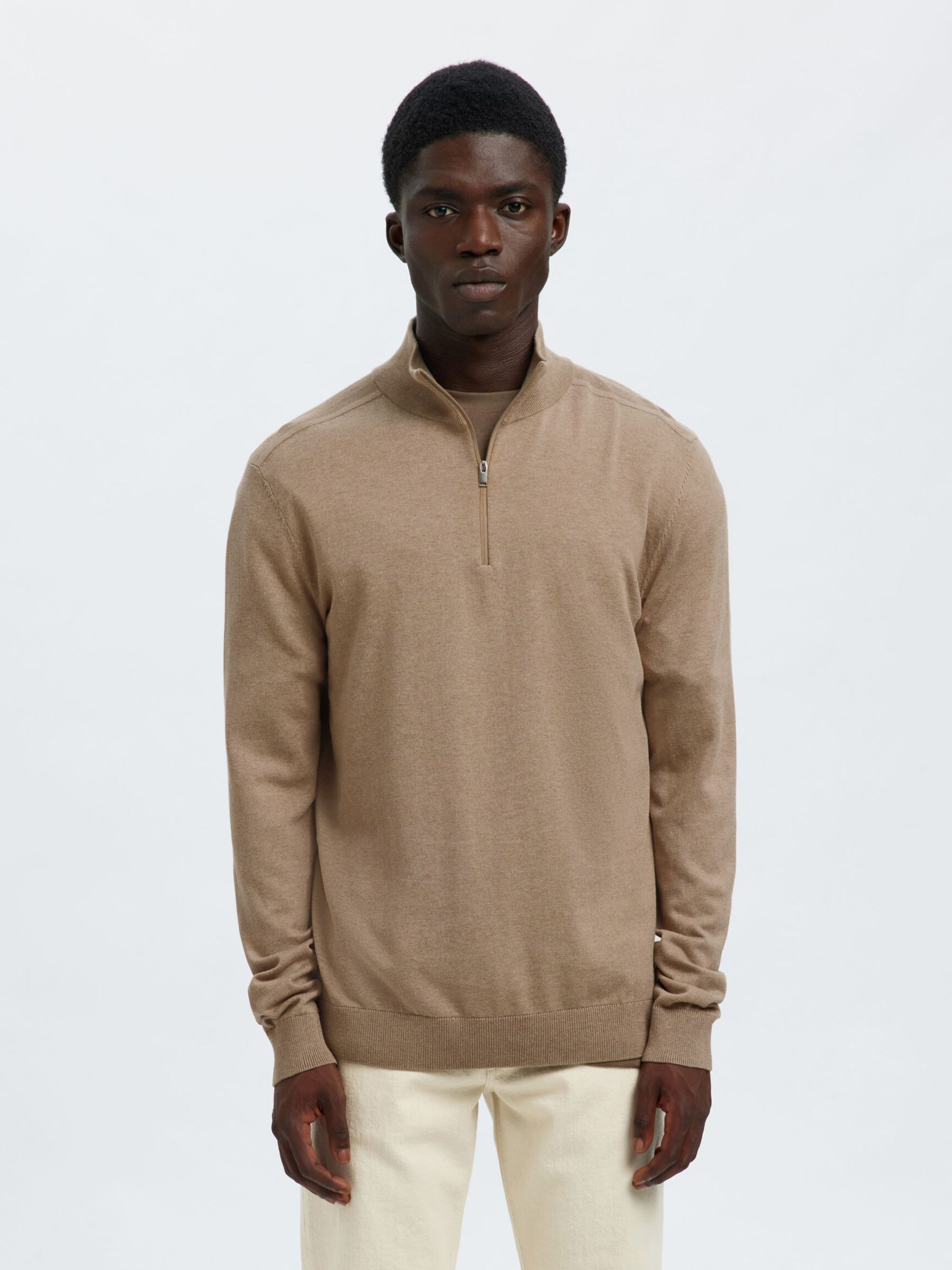 HALF-ZIP KNITTED JUMPER, Savannah Tan, highres