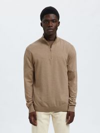 HALF-ZIP KNITTED JUMPER, Savannah Tan, highres
