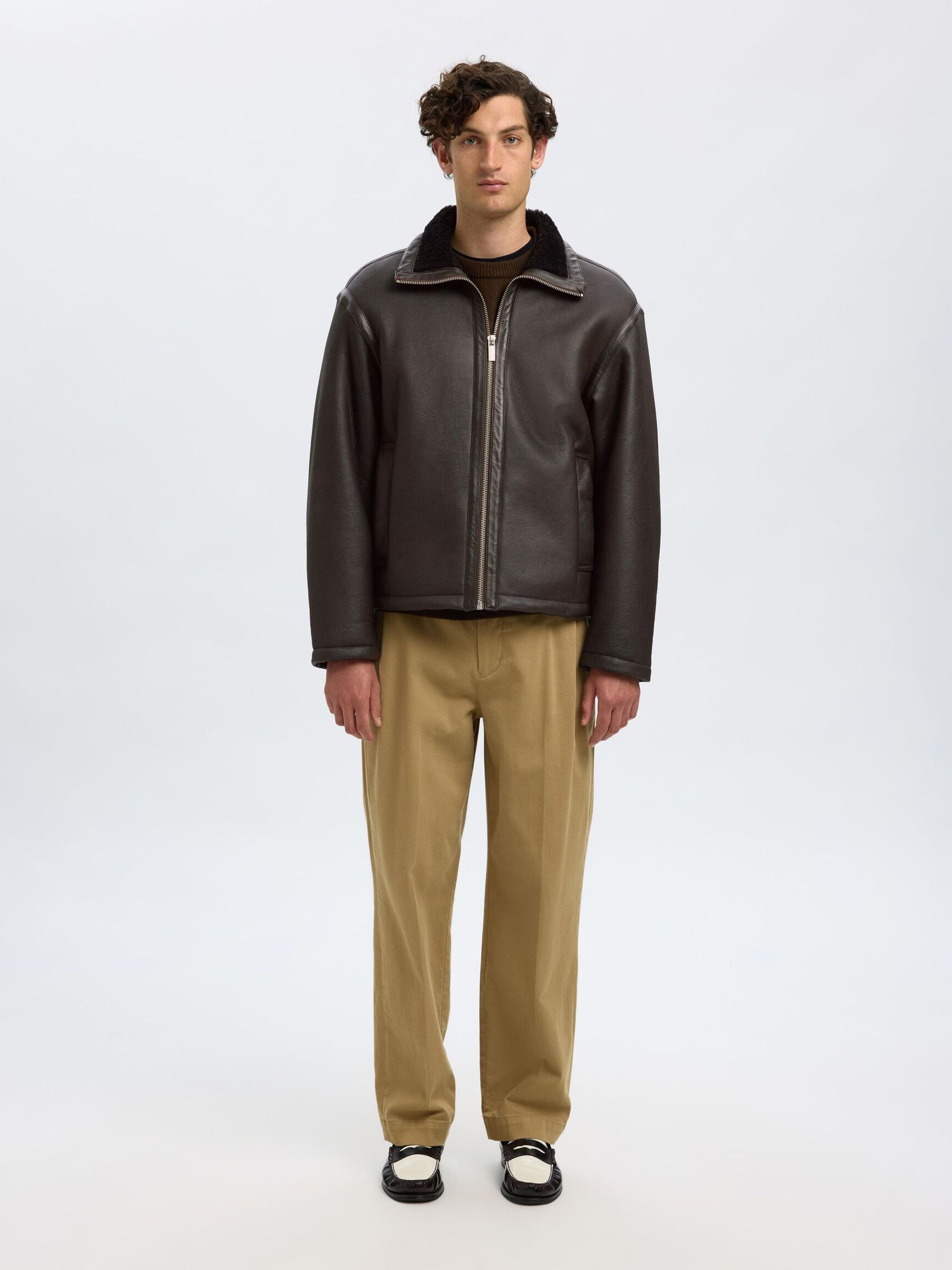 SHEARLING LÆDERJAKKE, Demitasse, highres