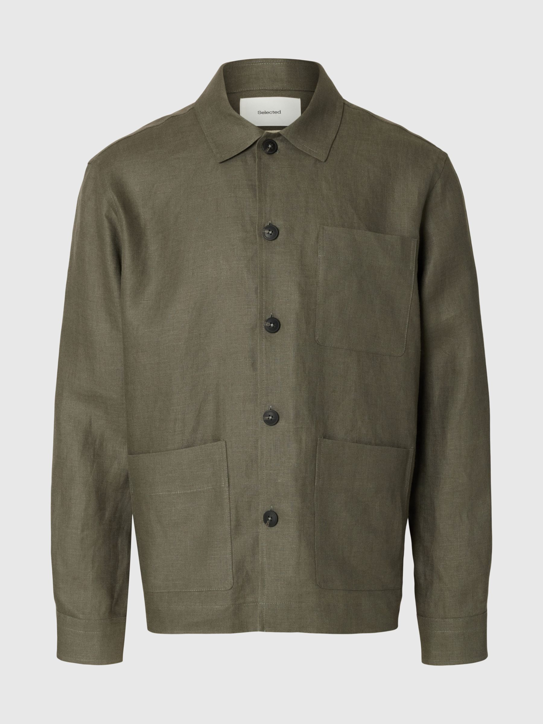 LINEN OVERSHIRT, Olive Green, highres