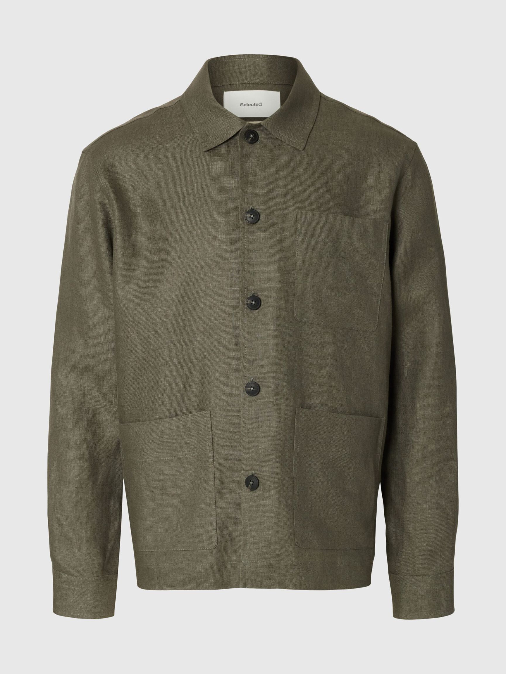 LINEN OVERSHIRT, Olive Green, highres