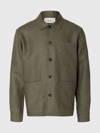 LINEN OVERSHIRT, Olive Green, highres