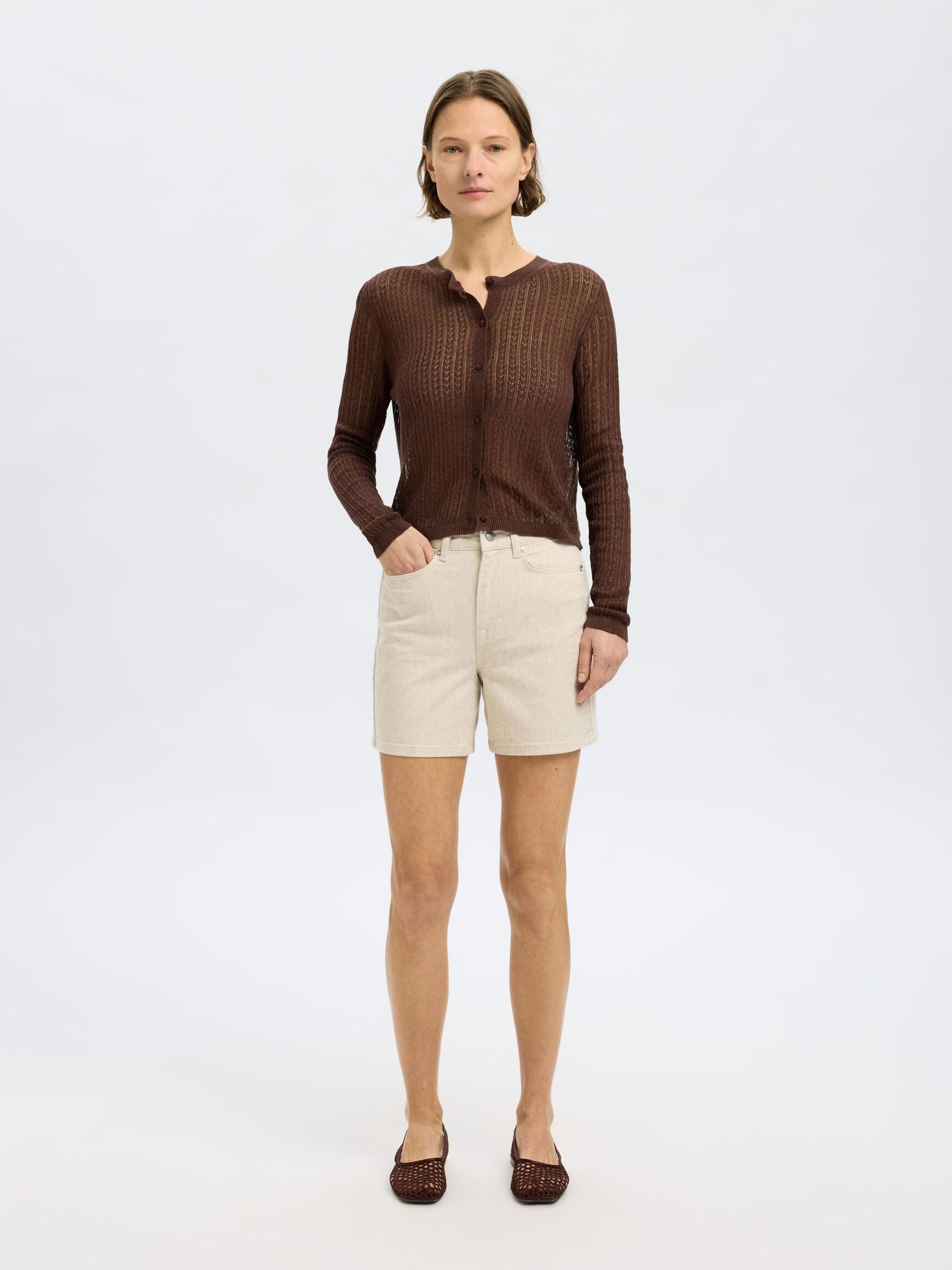 HOOG GETAILLEERD DENIM SHORT, Egret, highres