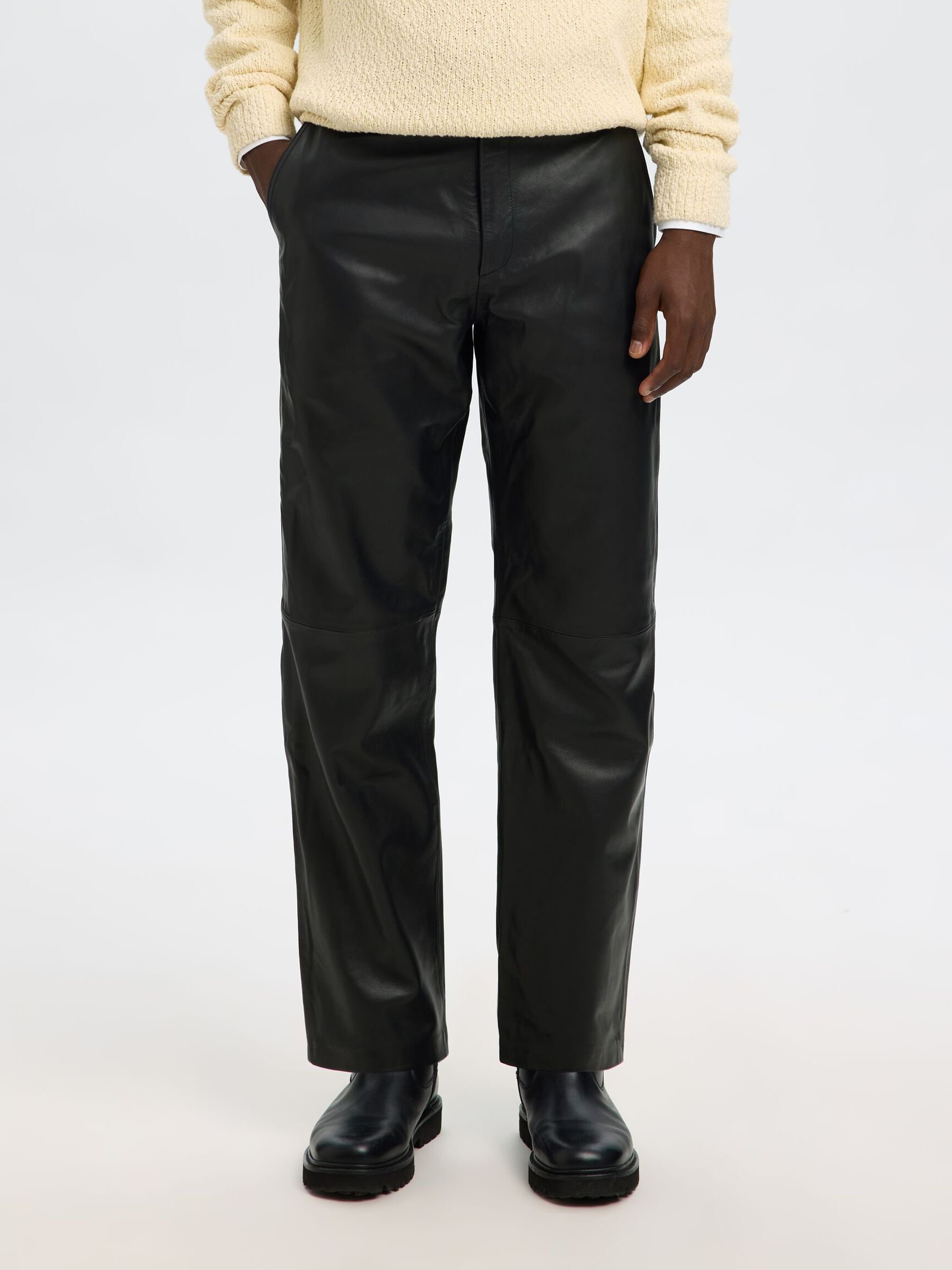 STRAIGHT FIT LEATHER TROUSERS, Black, highres