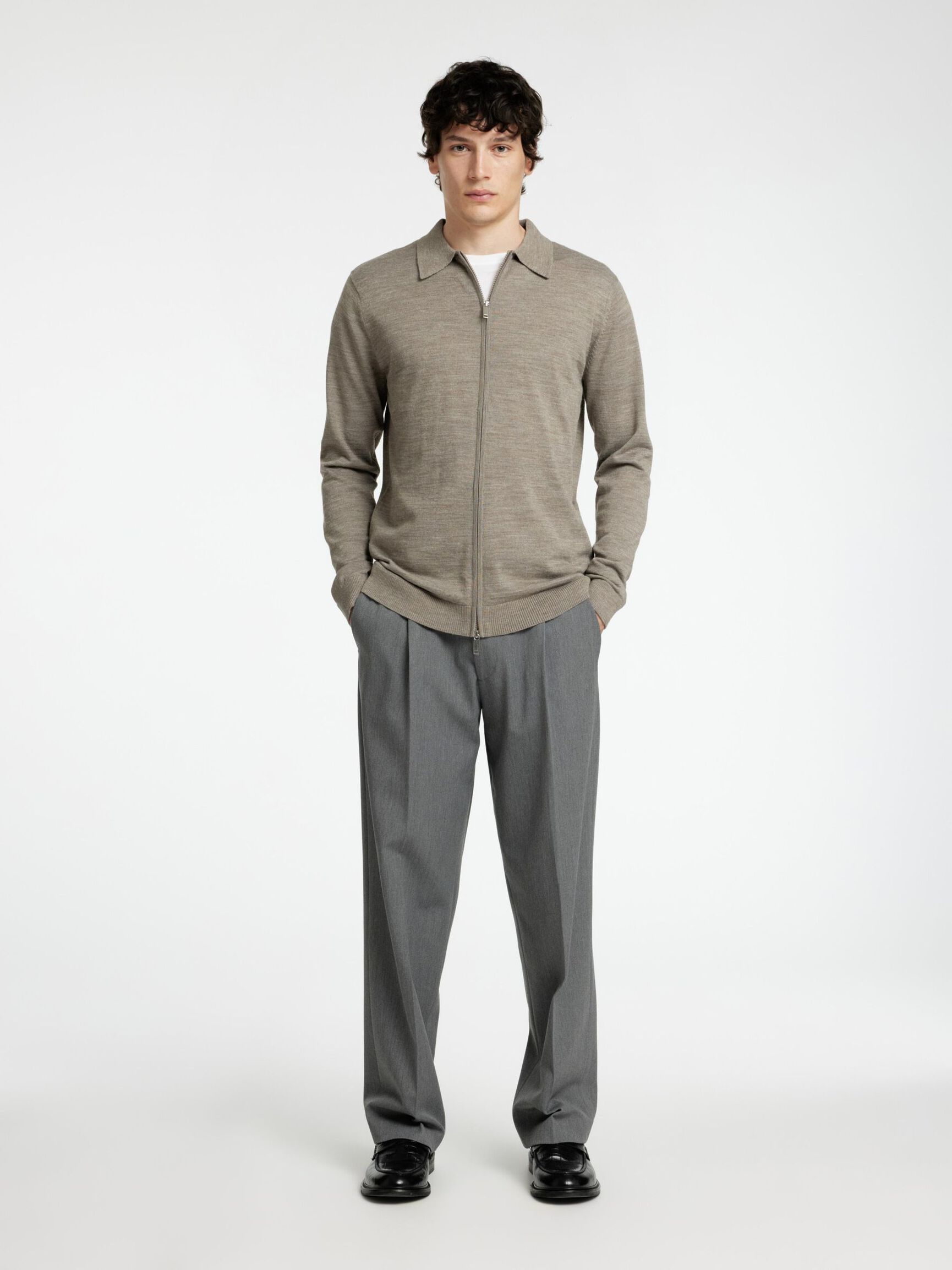 WOOL BLEND ZIP-FRONT CARDIGAN, Desert Taupe, highres