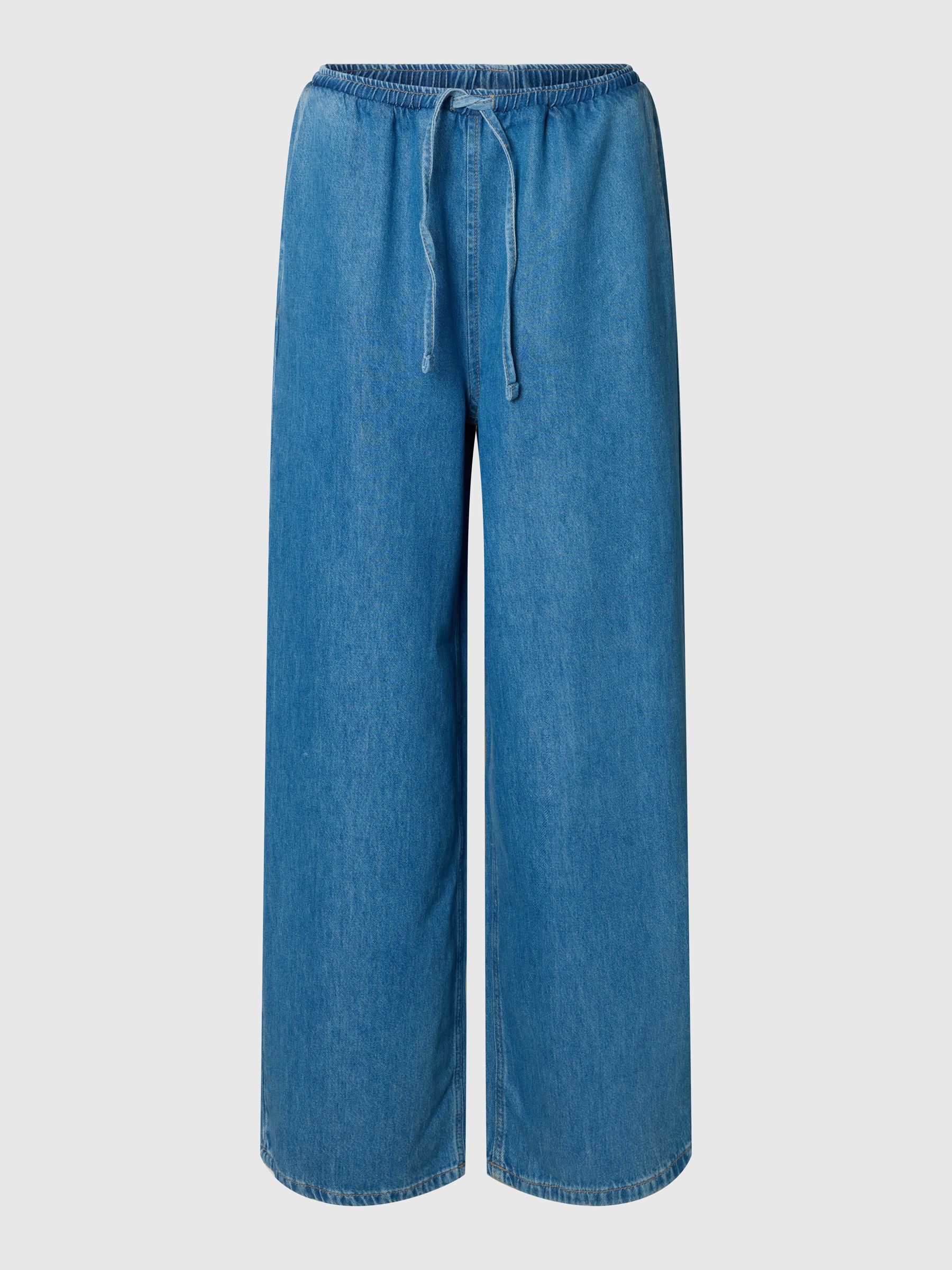 COTTON BLEND WIDE-LEG TROUSERS, Medium Blue Denim, highres