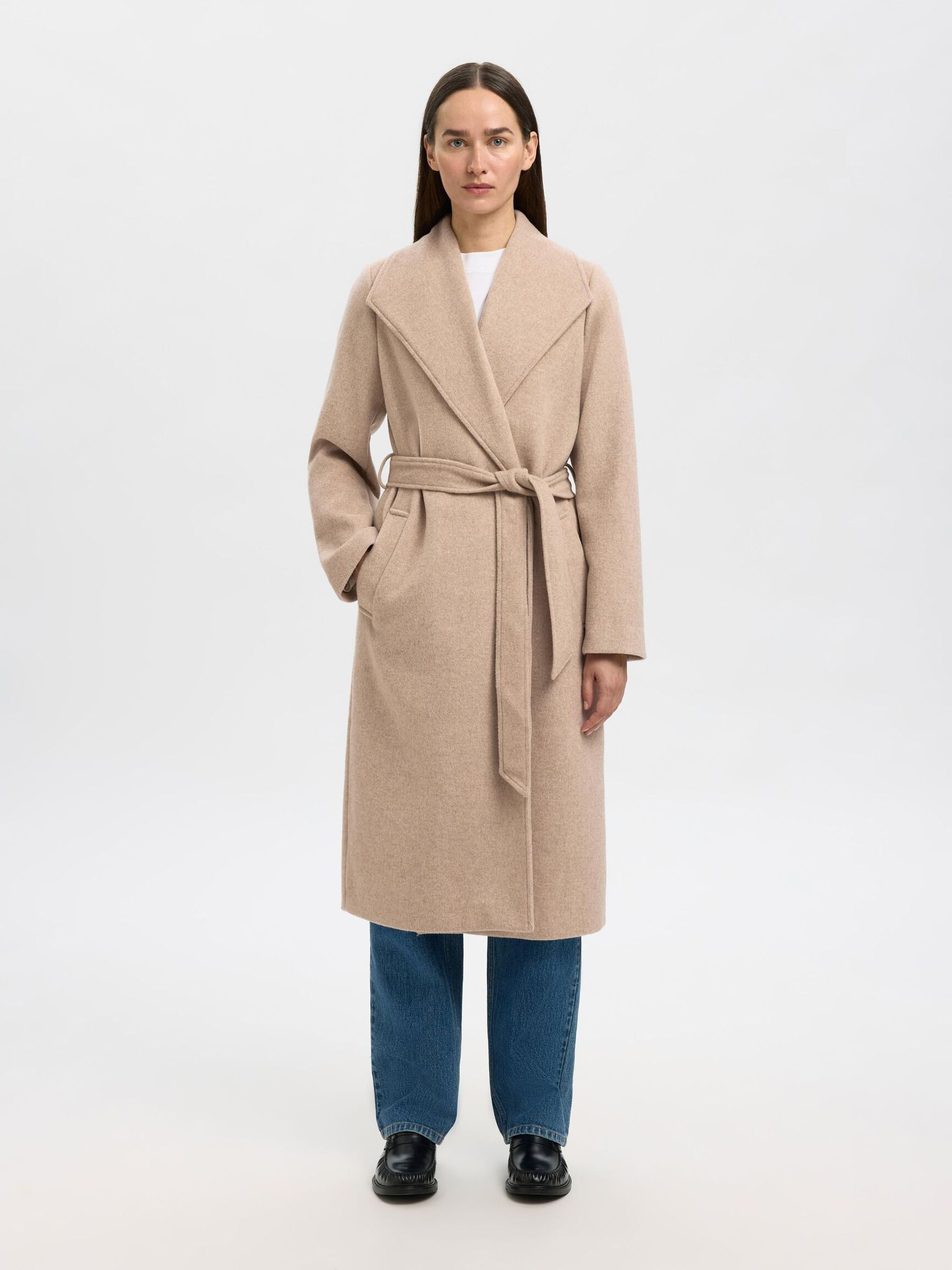 WOOL BLEND LONG COAT, Sandshell, highres