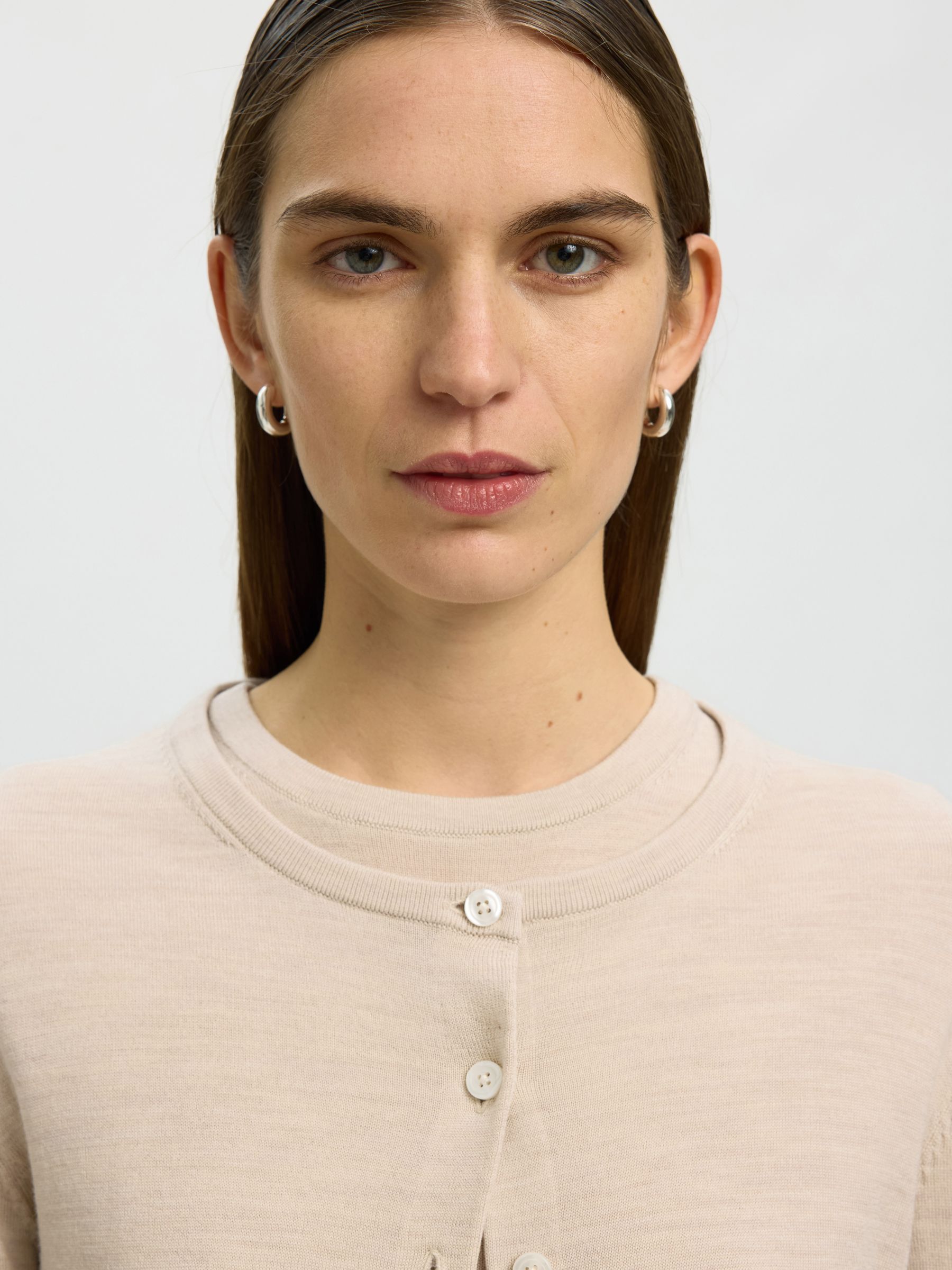 100% MERINO WOOL KNITTED CARDIGAN, Oatmeal, highres