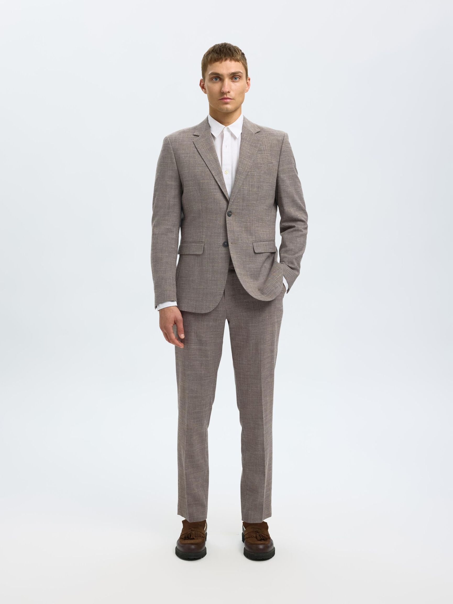 SLIM FIT SINGLE-BREASTED BLAZER, Dark Sand Melange, highres