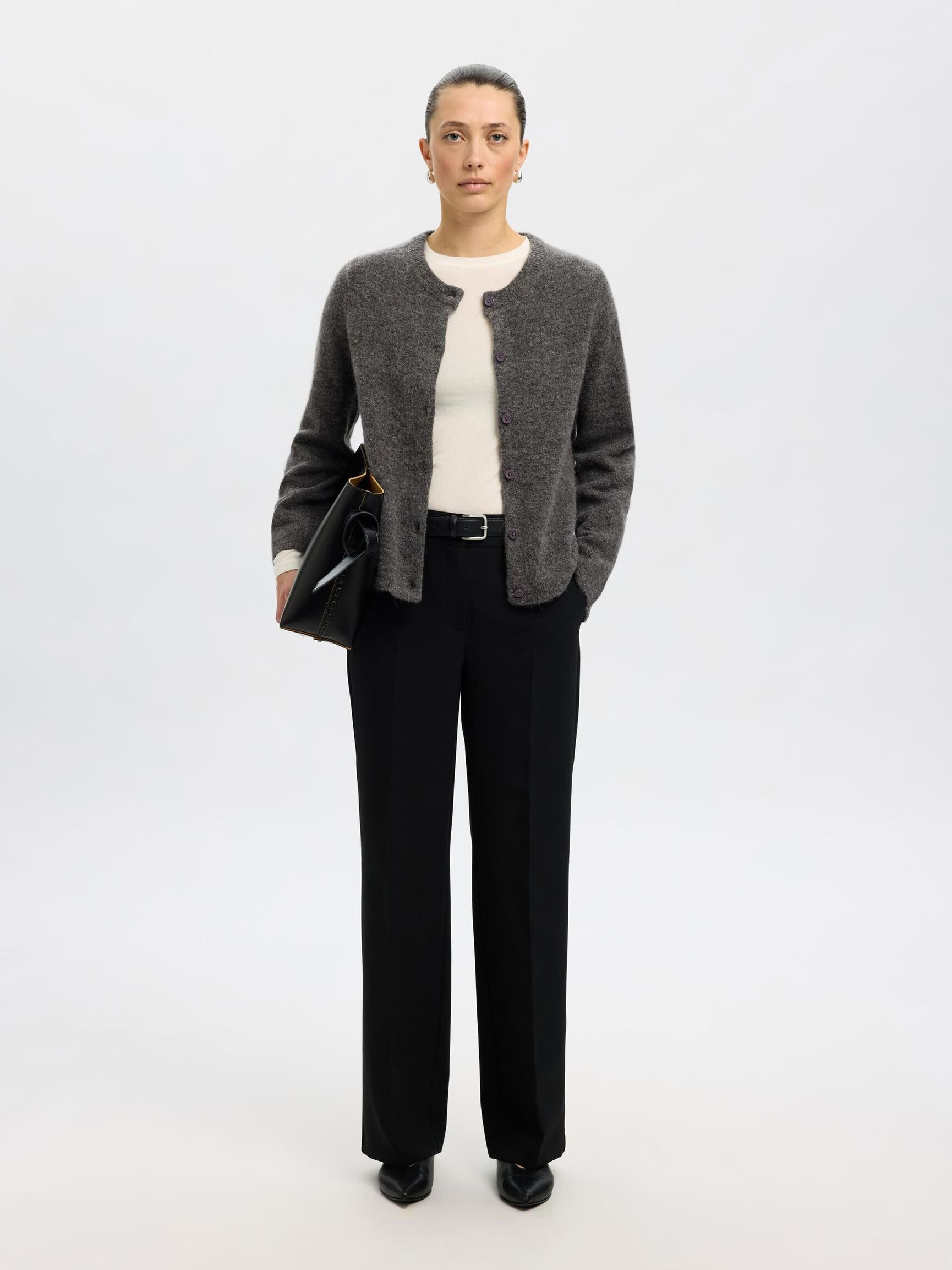 WOOL BLEND KNITTED CARDIGAN, Medium Grey Melange, highres