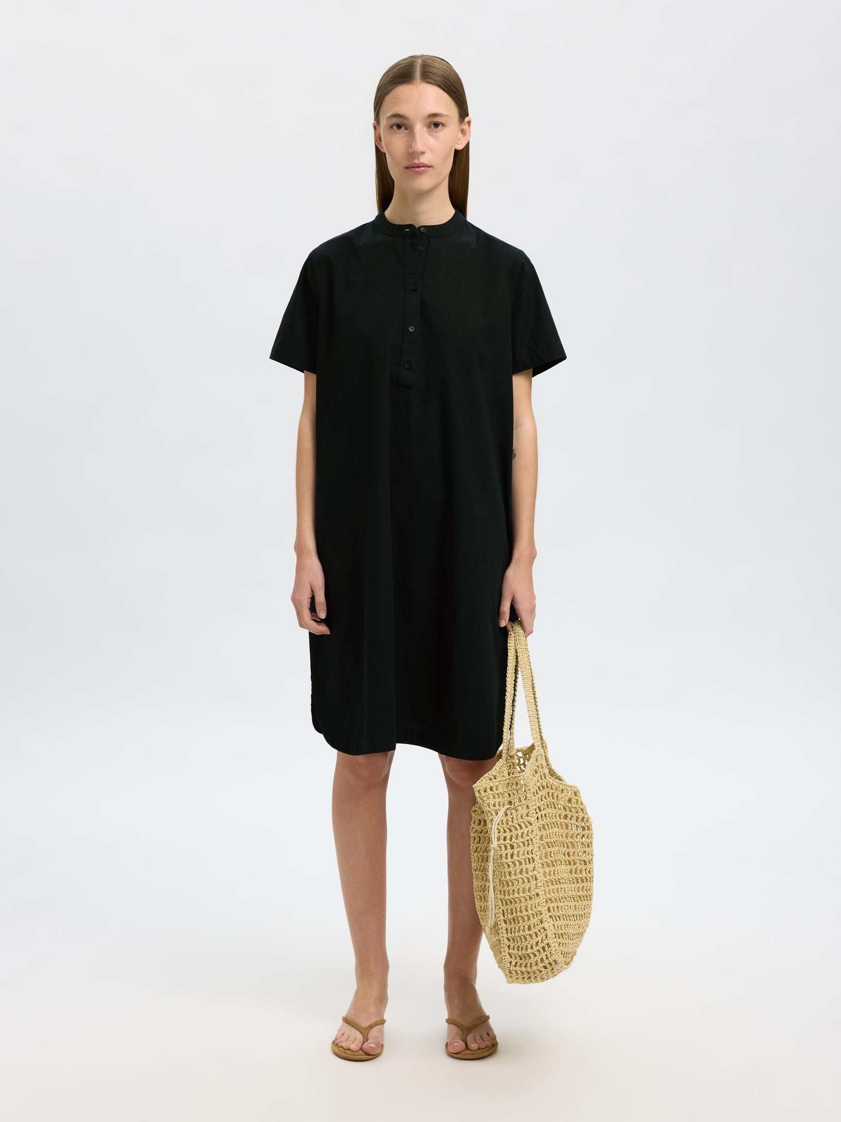 COTTON MINI DRESS, Black, highres