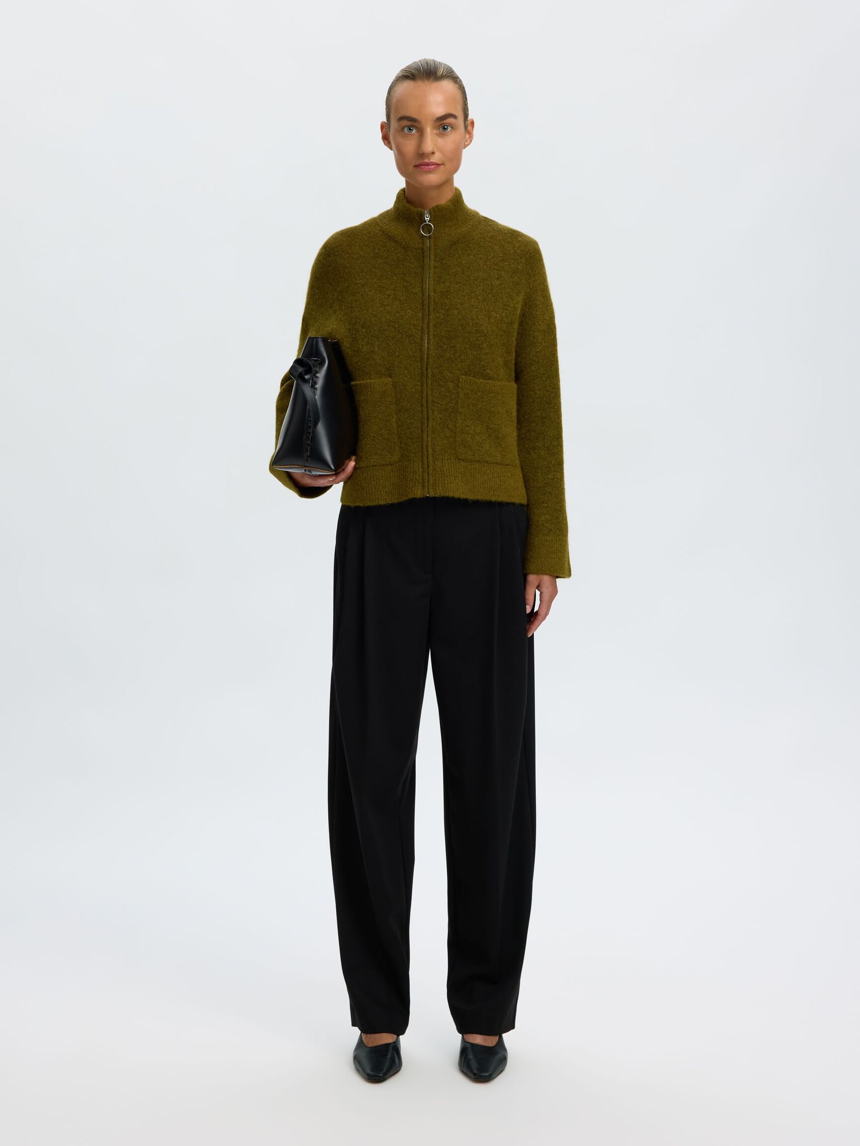 WOOL BLEND CARDIGAN, Fir Green, highres