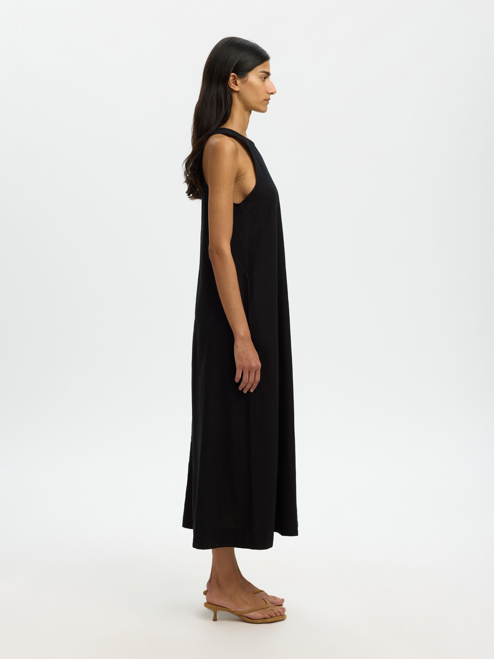 MAXI LINEN-BLEND DRESS, Black, highres
