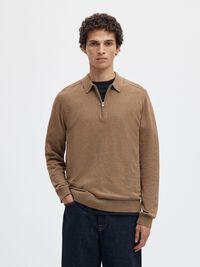 KNITTED LONG-SLEEVED POLO, Teak, highres