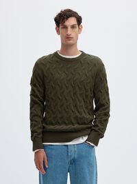 CABLE KNIT CREWNECK JUMPER, Forest Night, highres