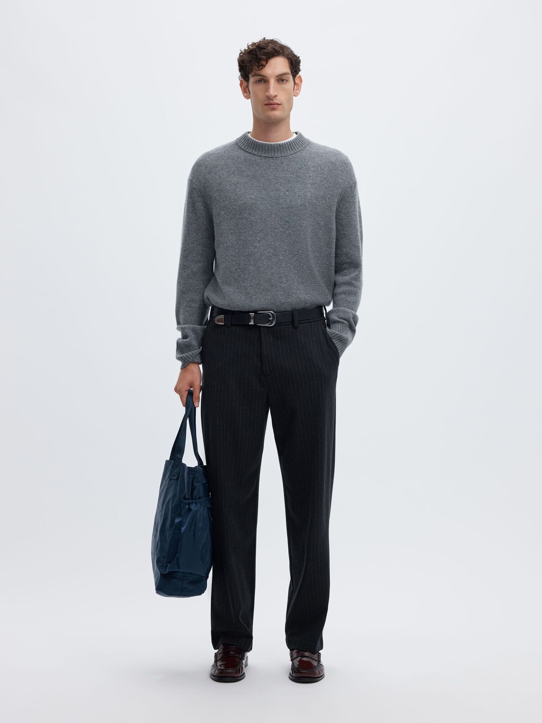 WOOL BLEND LOOSE-FIT TROUSERS, Dark Navy, highres