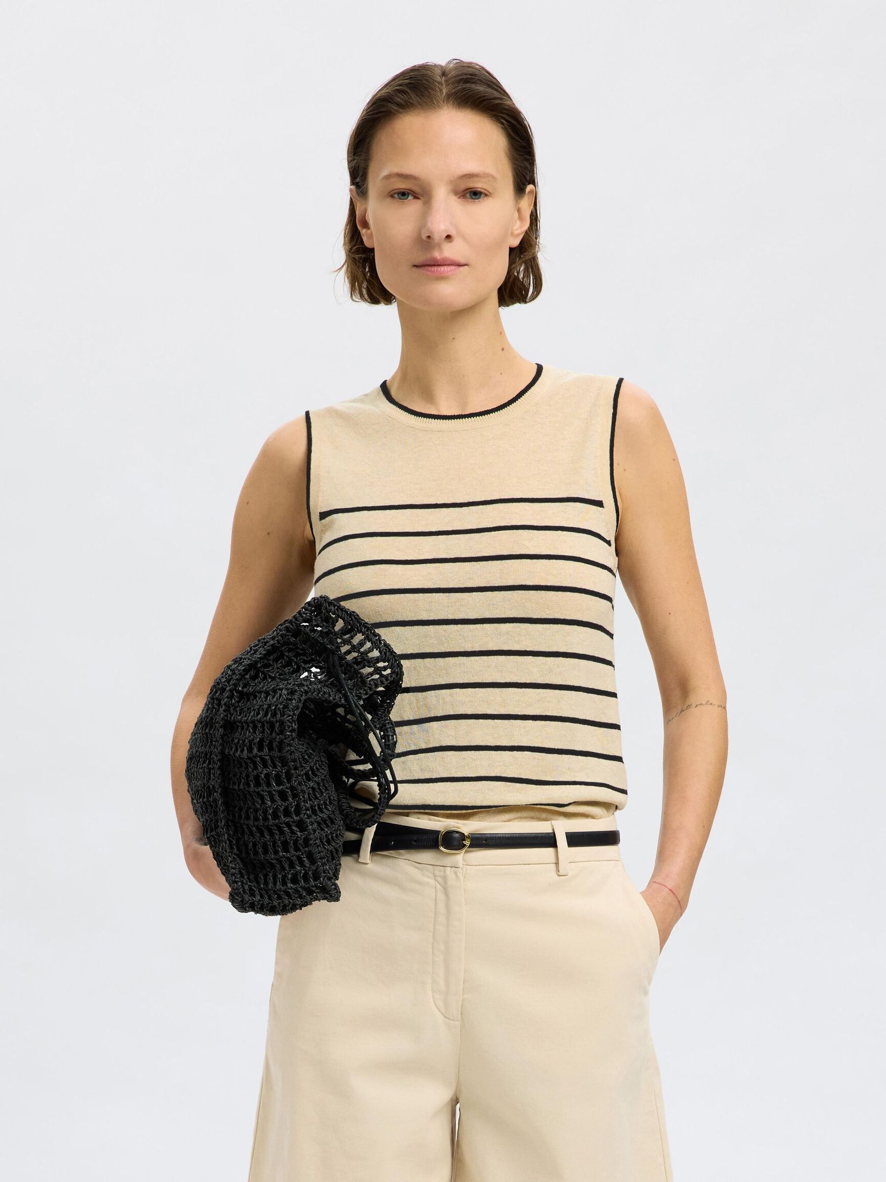 LINEN BLEND KNITTED TOP, Birch, highres