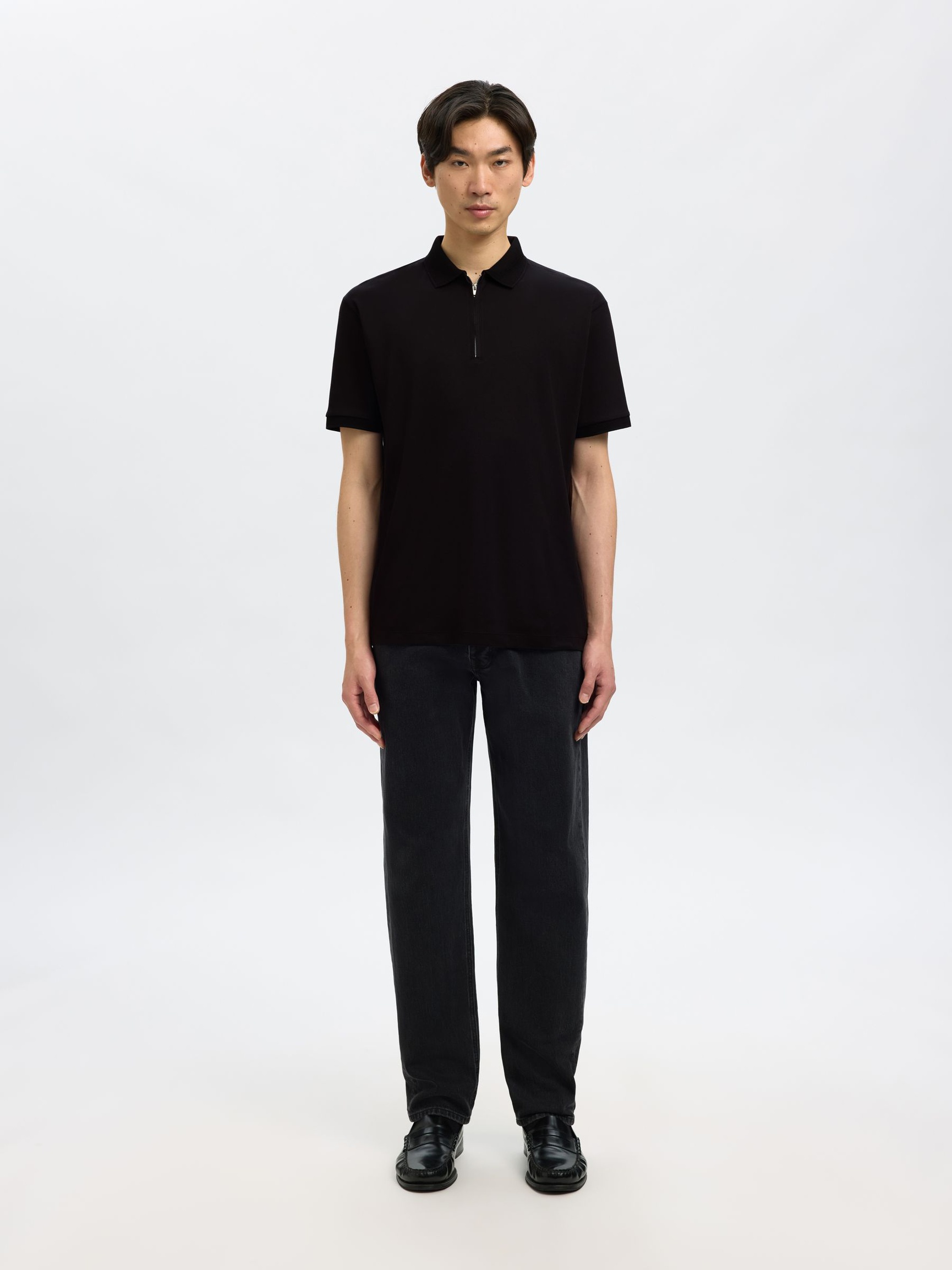 ZIPPER POLOHEMD AUS STRICK, Black, highres