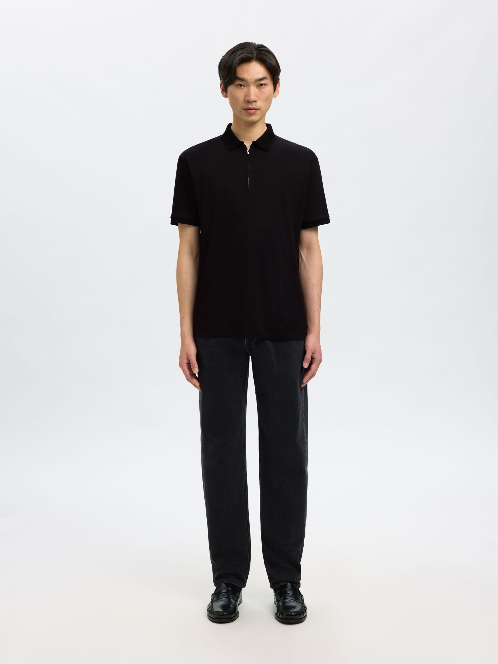 ZIPPER POLO SHIRT, Black, highres