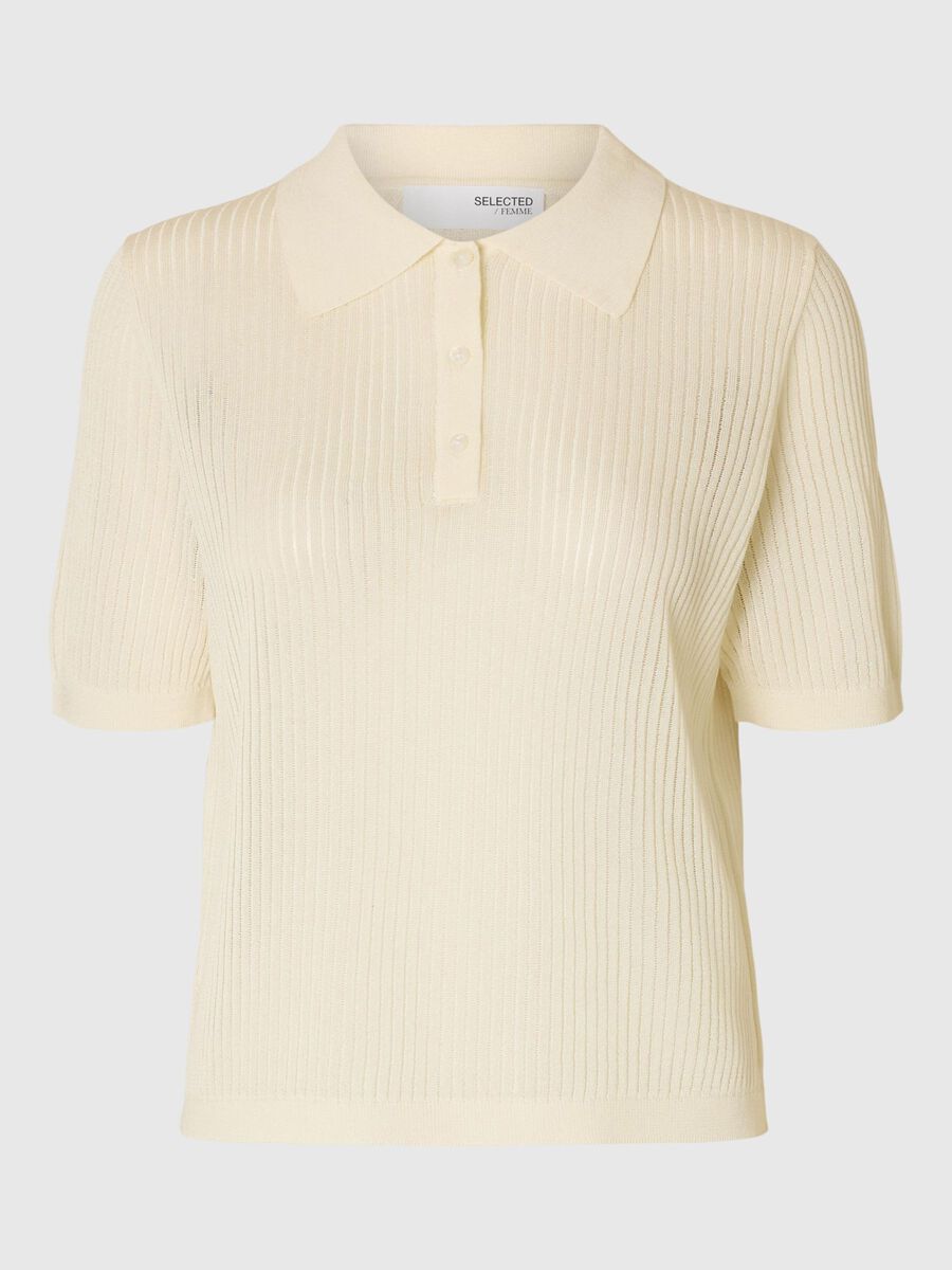 Selected KORTÆRMET STRIKKET POLOSHIRT, Snow White, highres - 16097552_SnowWhite_001.jpg