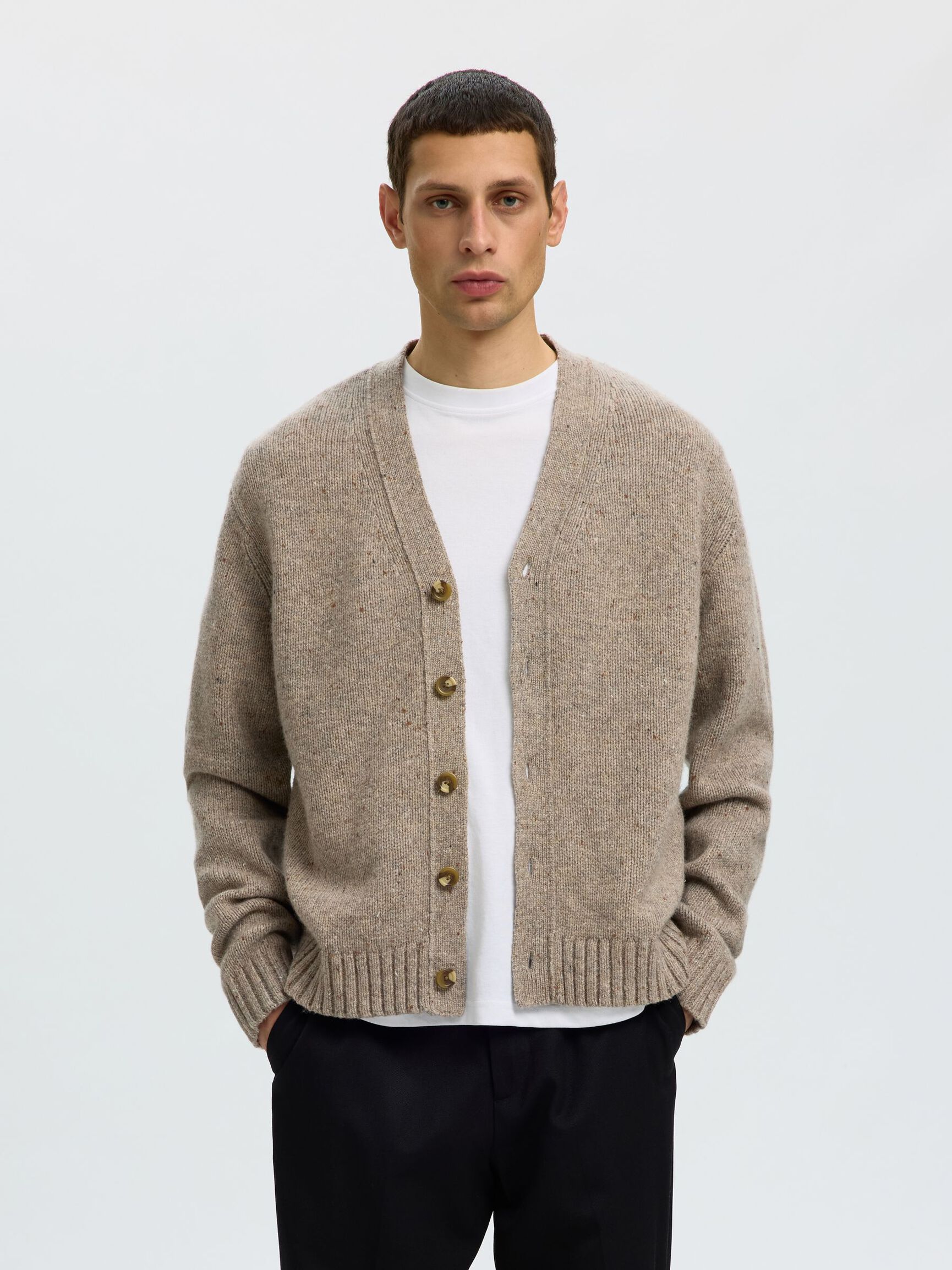 RELAXED FIT WOOL BLEND CARDIGAN, Oatmeal, highres