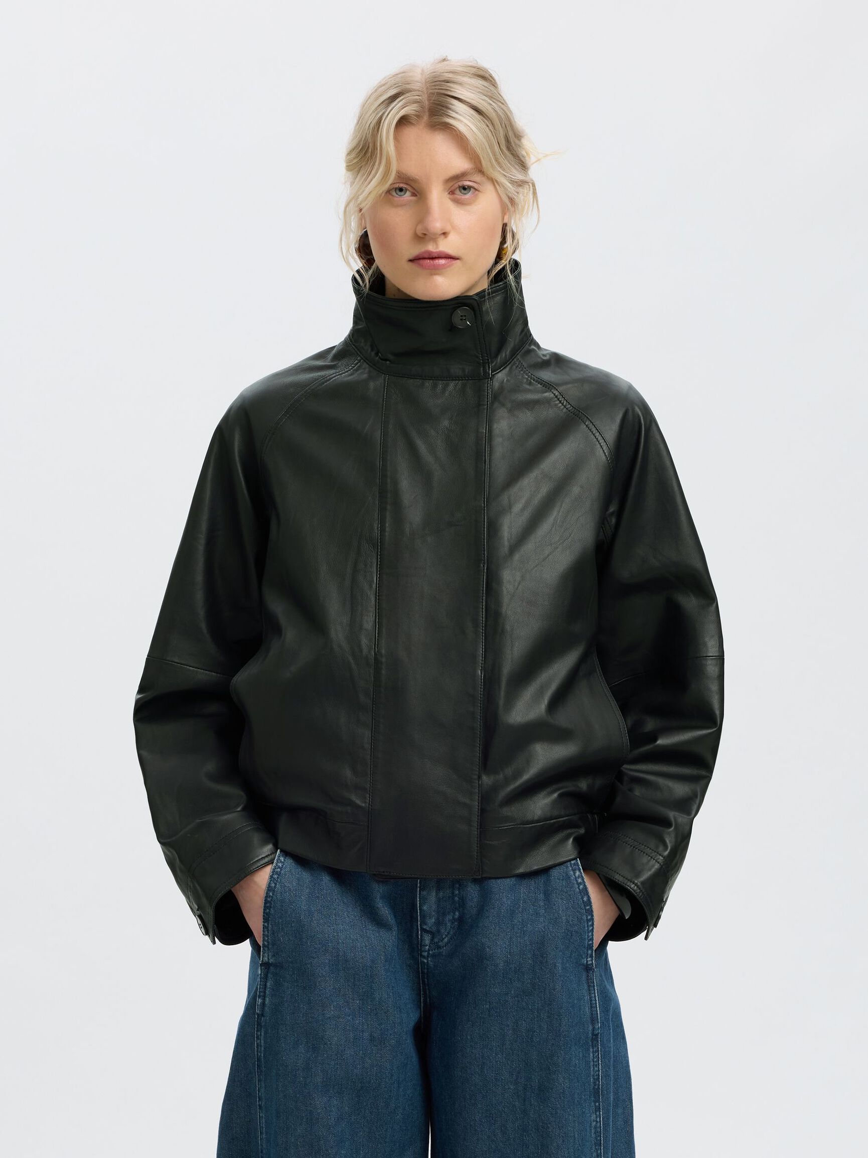HIGH NECK LEATHER JACKET, Black, highres