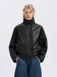 HIGH NECK LEATHER JACKET, Black, highres