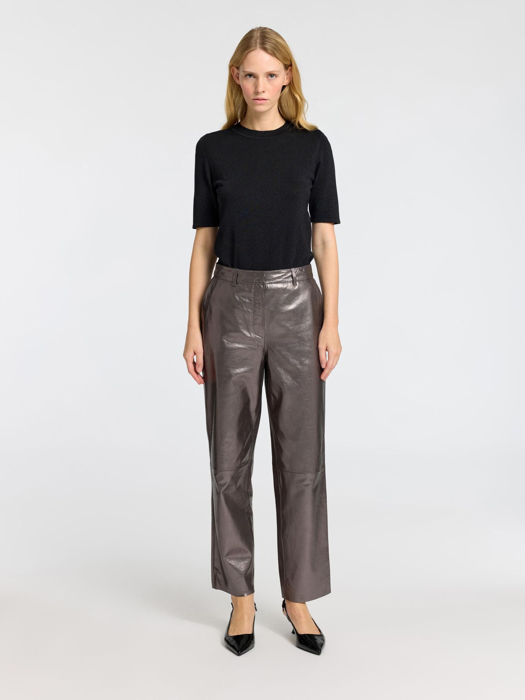 METALLIC LEATHER TROUSERS, Silver, highres