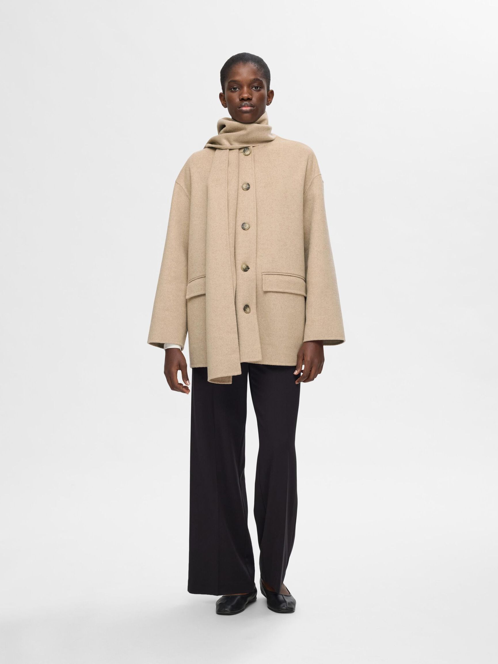WOOL BLEND SCARF JACKET, Sandshell, highres