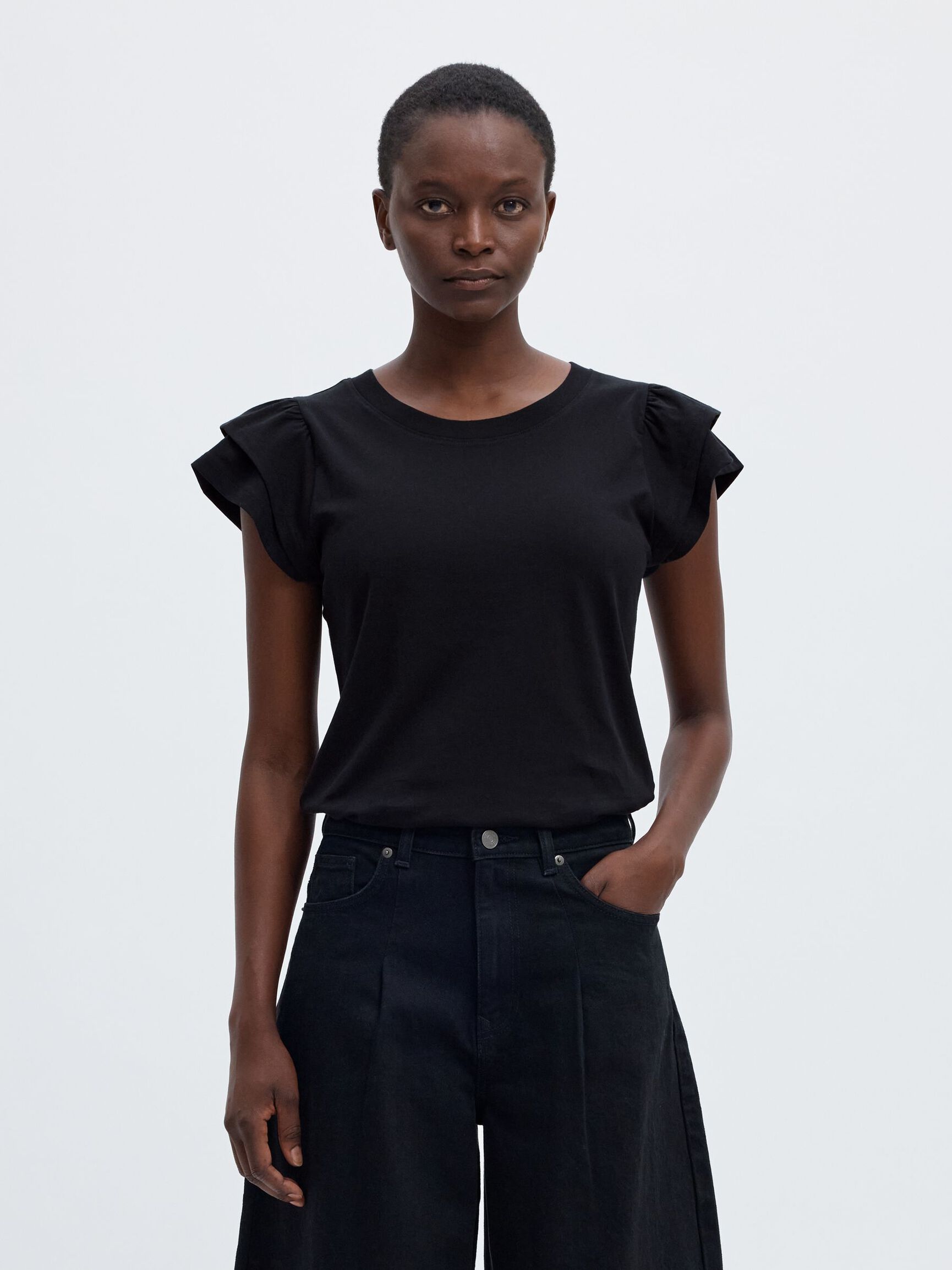 COTTON RUFFLED T-SHIRT, Black, highres