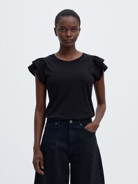 COTTON RUFFLED T-SHIRT, Black, highres