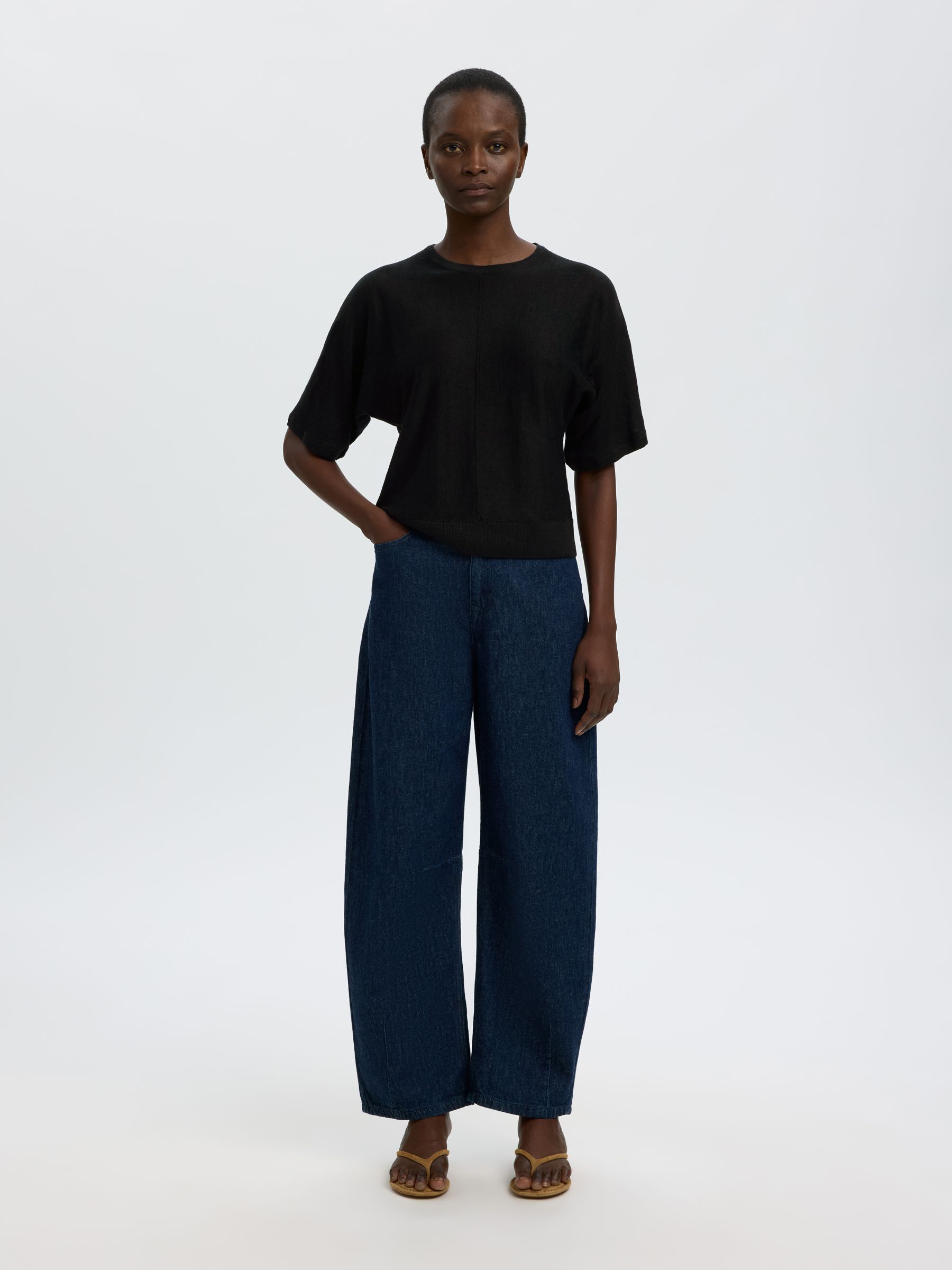 100% LINEN KNITTED TOP, Black, highres
