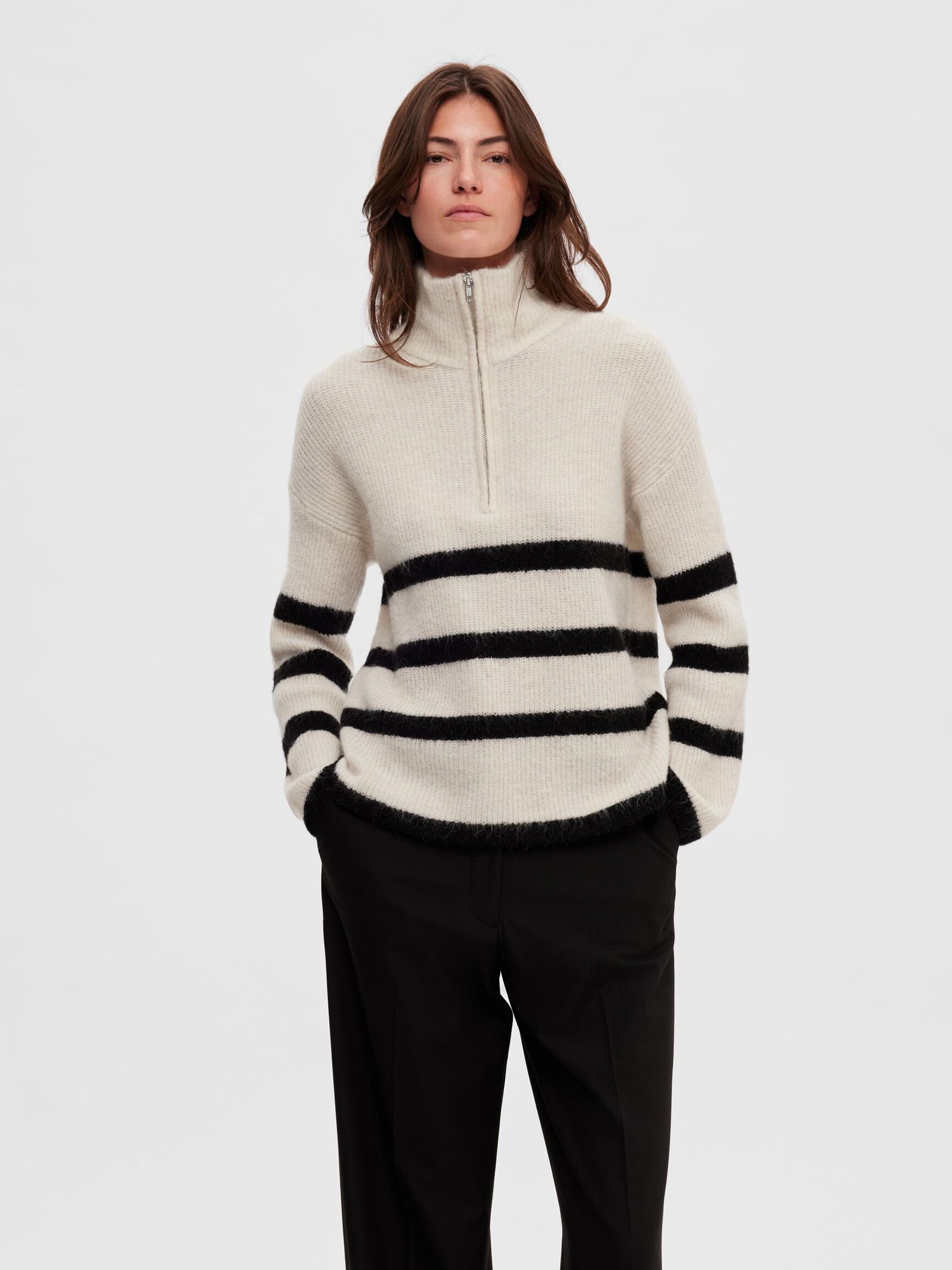 WOOL BLEND HALF-ZIP  PULLOVER, Birch, highres