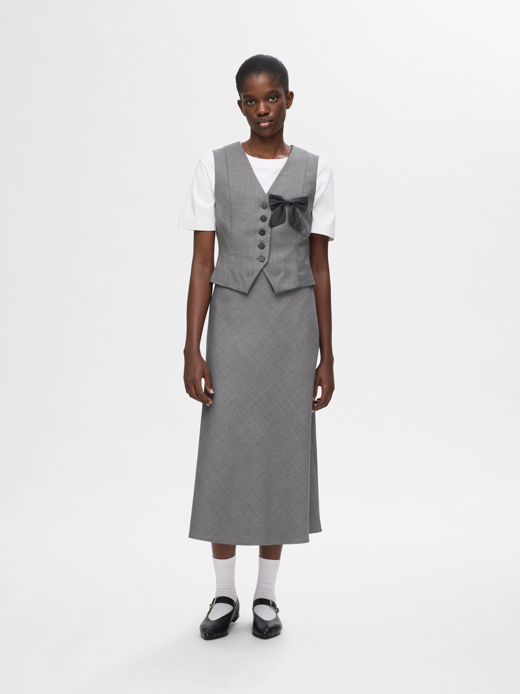 TAILORED WOOL BLEND MIDI SKIRT, Grey Melange, highres