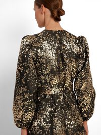 METALLISK JACQUARD KORT KLÄNNING, Gold Colour, highres