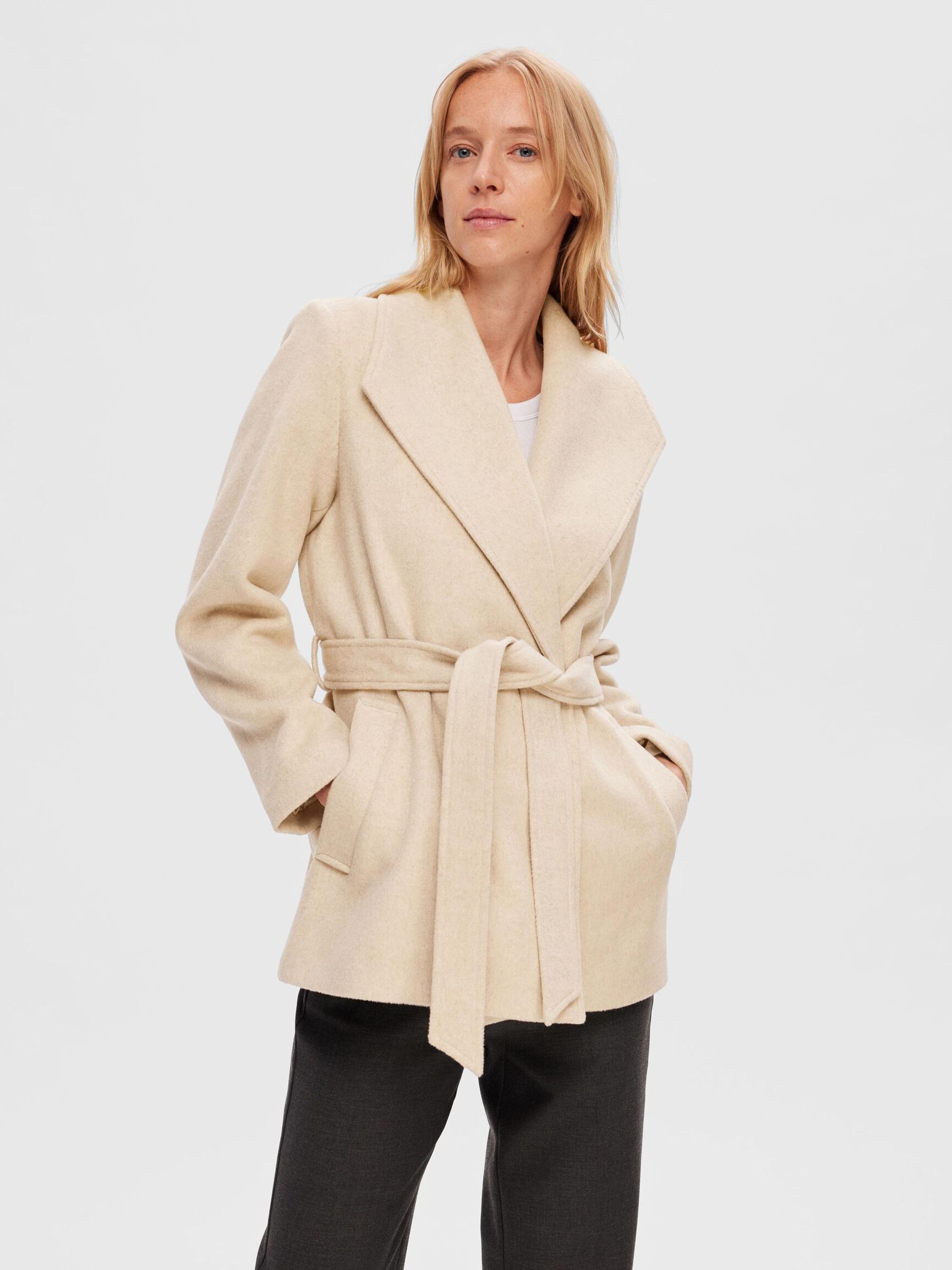 BELTED WOOL BLEND COAT, Sandshell, highres