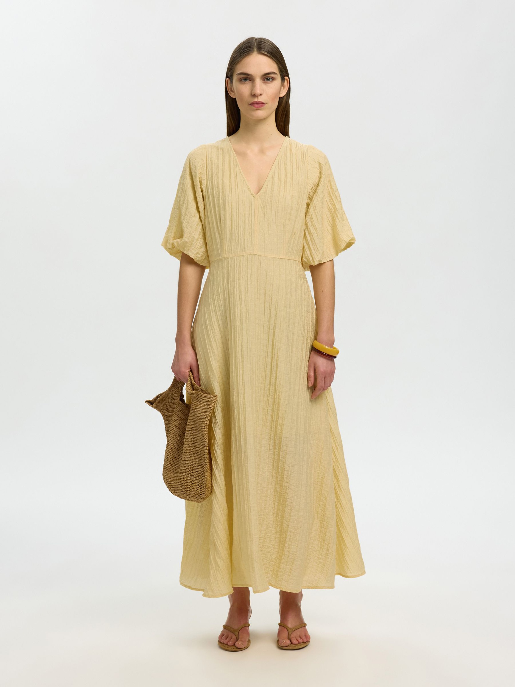 BALLOON SLEEVE MIDI DRESS, Italian Straw, highres