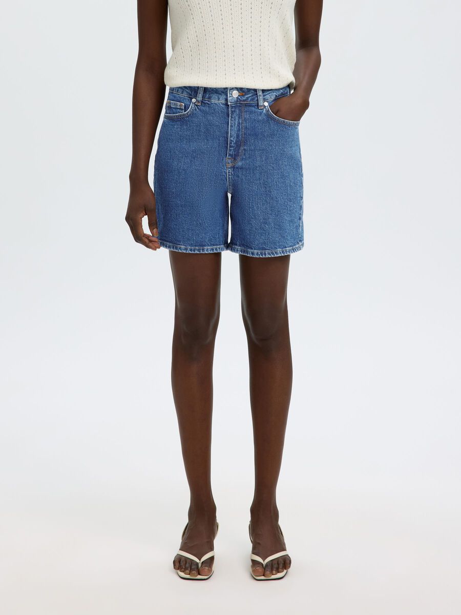 Product tile image - HIGH-WAISTED DENIM SHORTS, Medium Blue Denim | 16095314_MediumBlueDenim