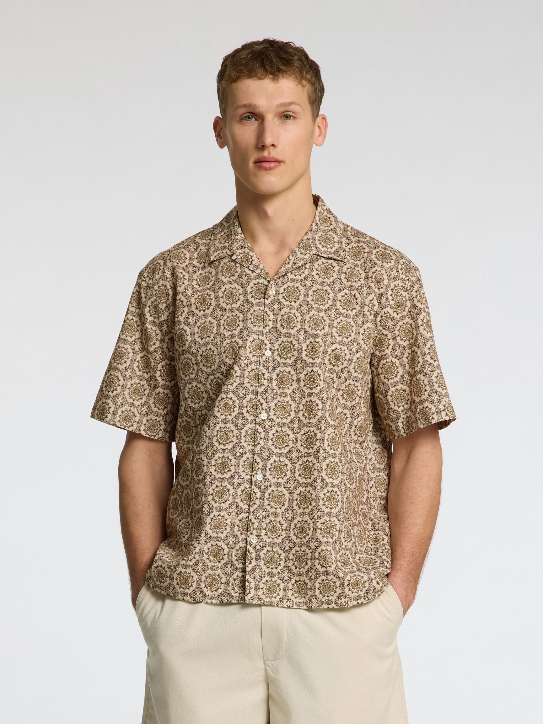 LINEN BLEND SHORT SLEEVED SHIRT, Oatmeal, highres