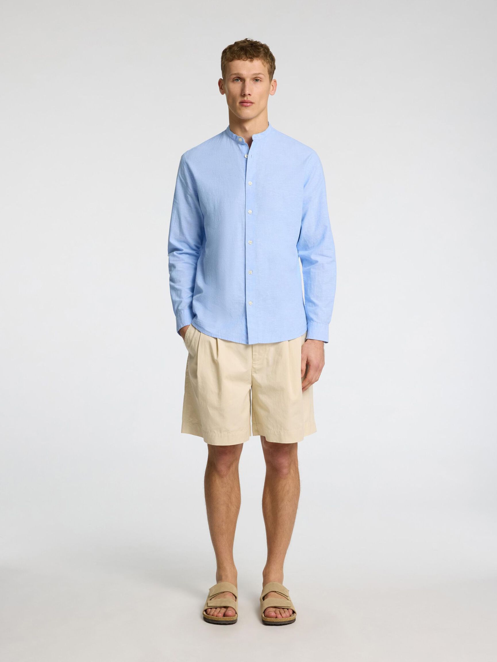 LONG-SLEEVED LINEN BLEND SHIRT, Cashmere Blue, highres