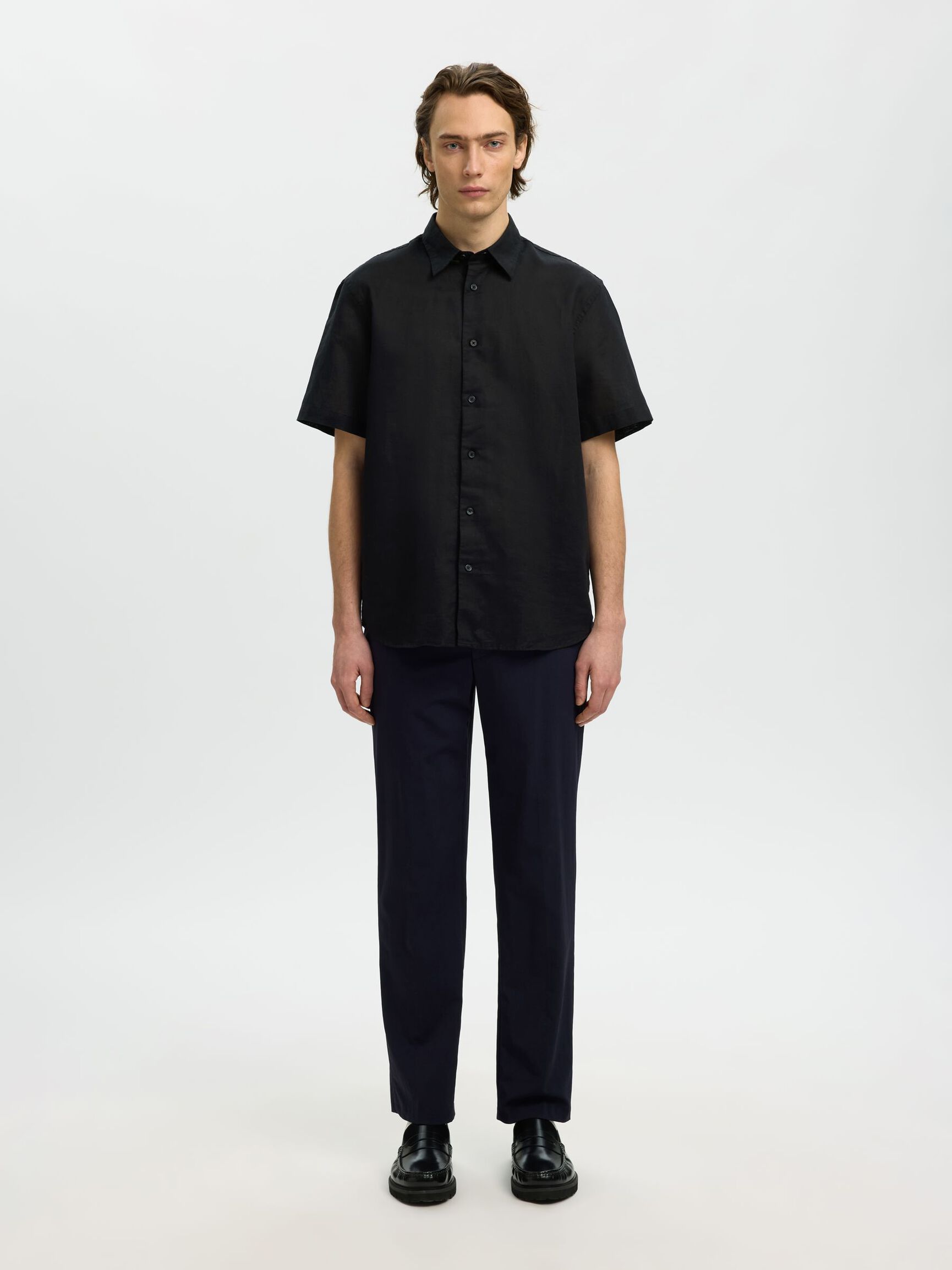 REGULAR FIT LINEN-BLEND SHIRT, Black, highres
