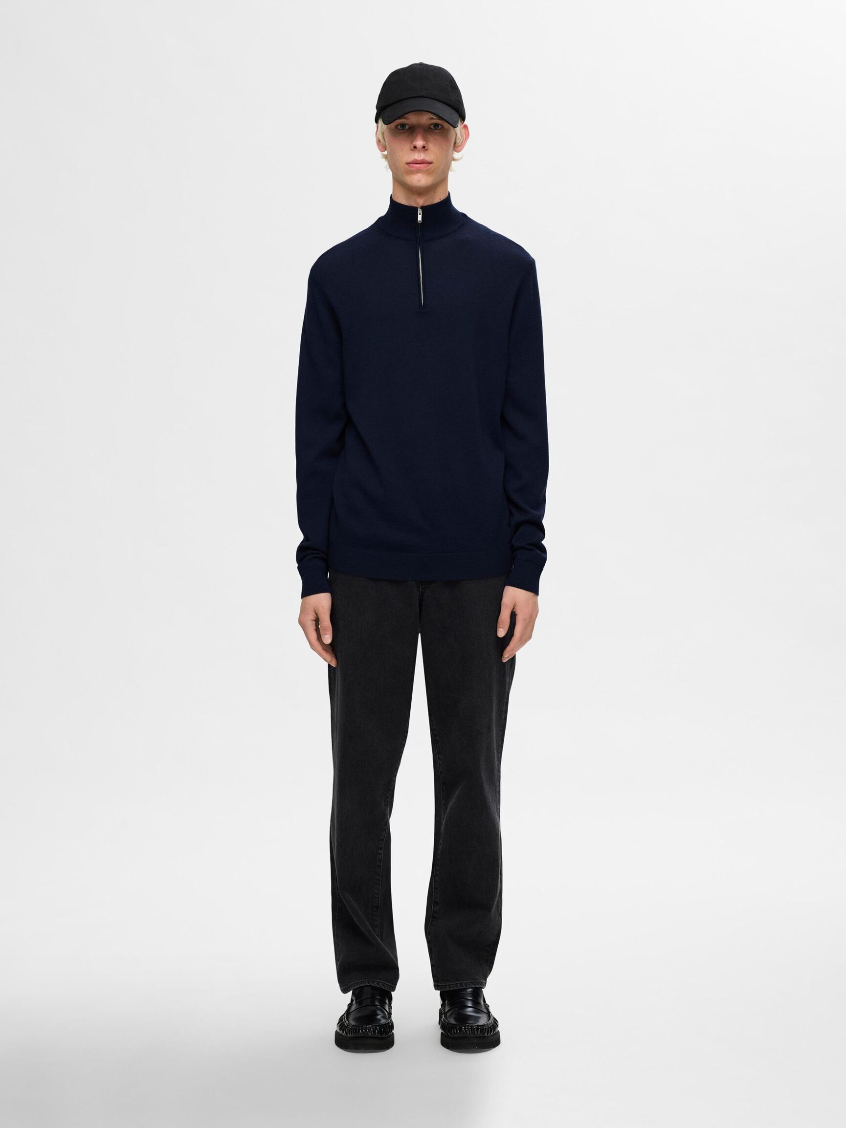 100% MERINO WOOL HALF-ZIP JUMPER, Navy Blazer, highres