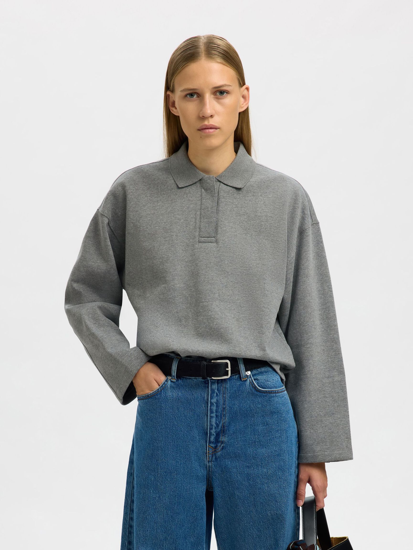 POLO COLLAR SWEATSHIRT, Medium Grey Melange, highres