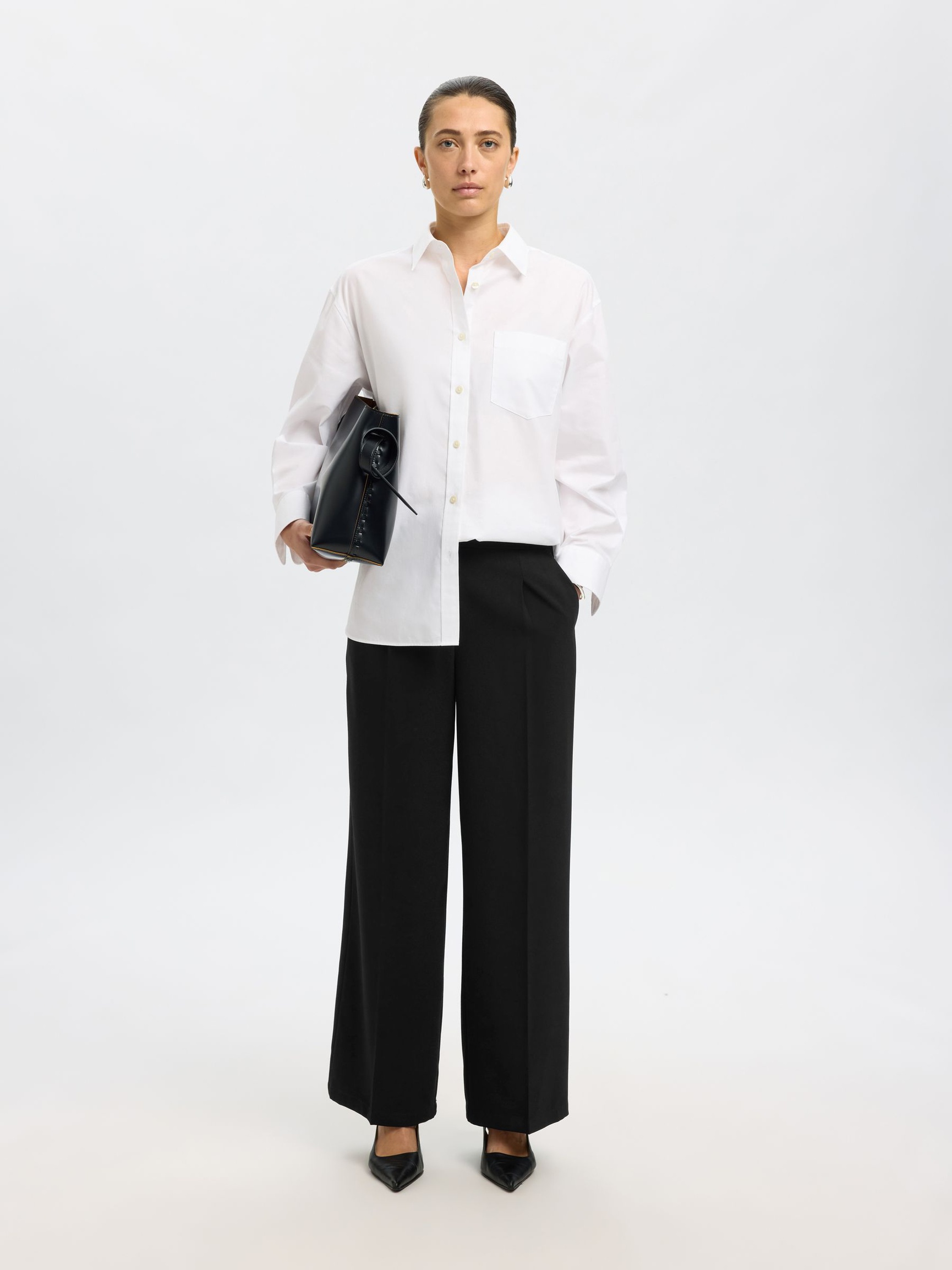 WOVEN WIDE-LEG TROUSERS, Black, highres