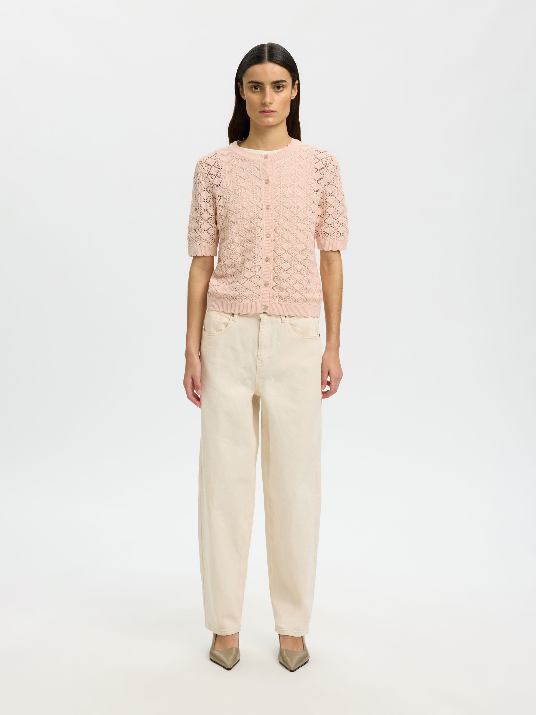 SHORT SLEEVED KNITTED CARDIGAN, Pale Dogwood, highres