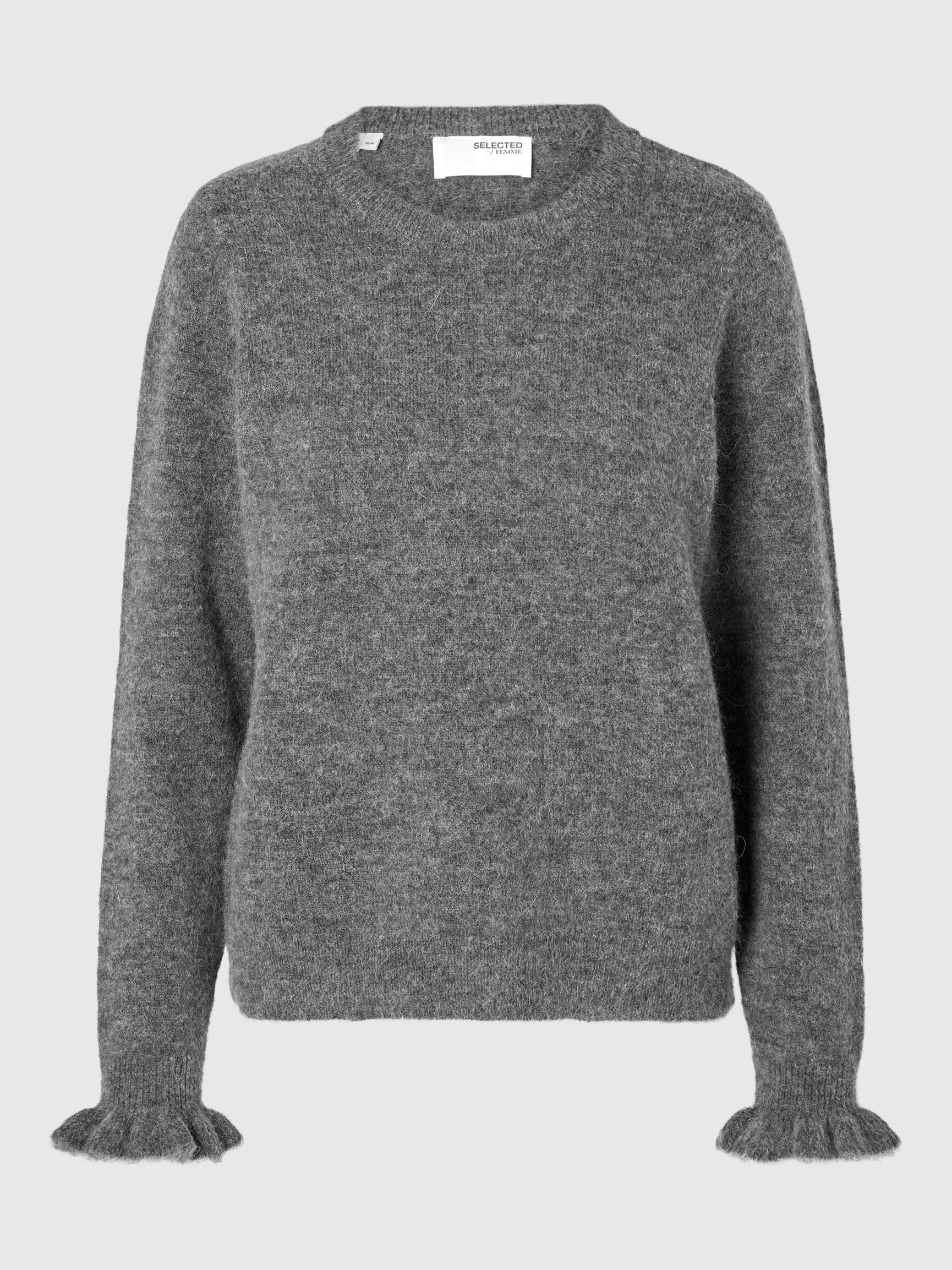 WOOL BLEND RUFFLED SLEEVE PULLOVER, Medium Grey Melange, highres