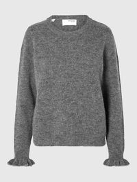 WOOL BLEND RUFFLED SLEEVE PULLOVER, Medium Grey Melange, highres