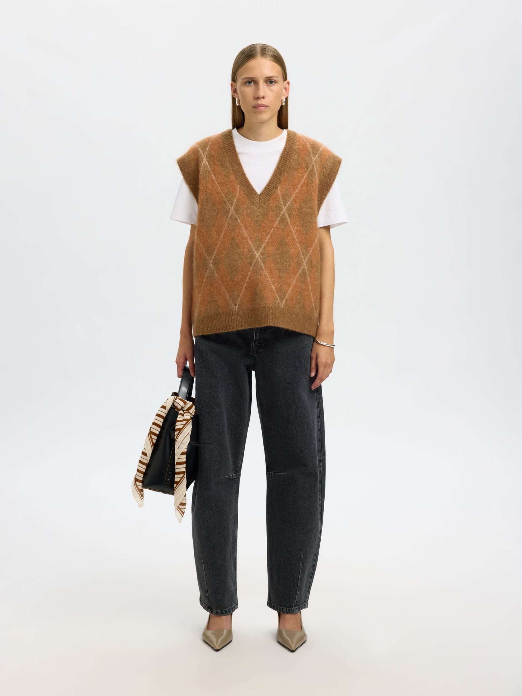 WOOL BLEND KNITTED VEST, Golden Brown, highres