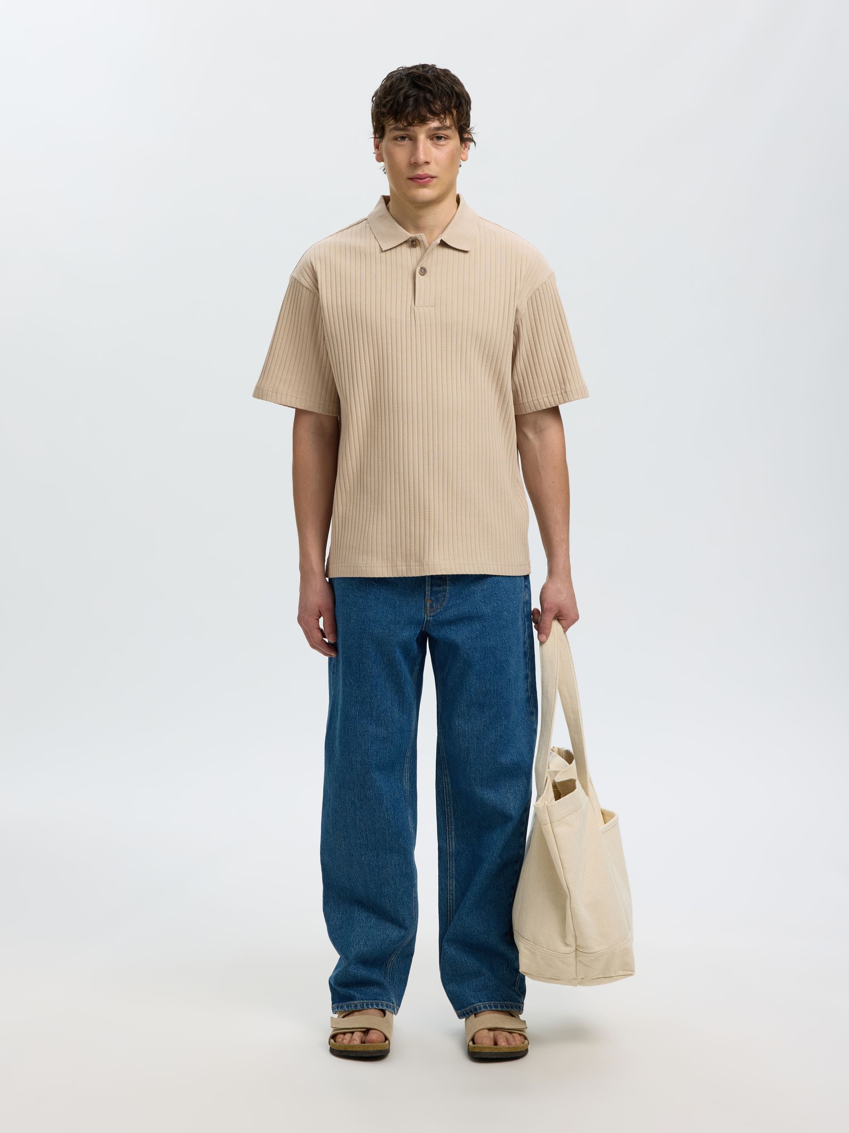 RELAXED FIT RIBBED POLO SHIRT, Pure Cashmere, highres