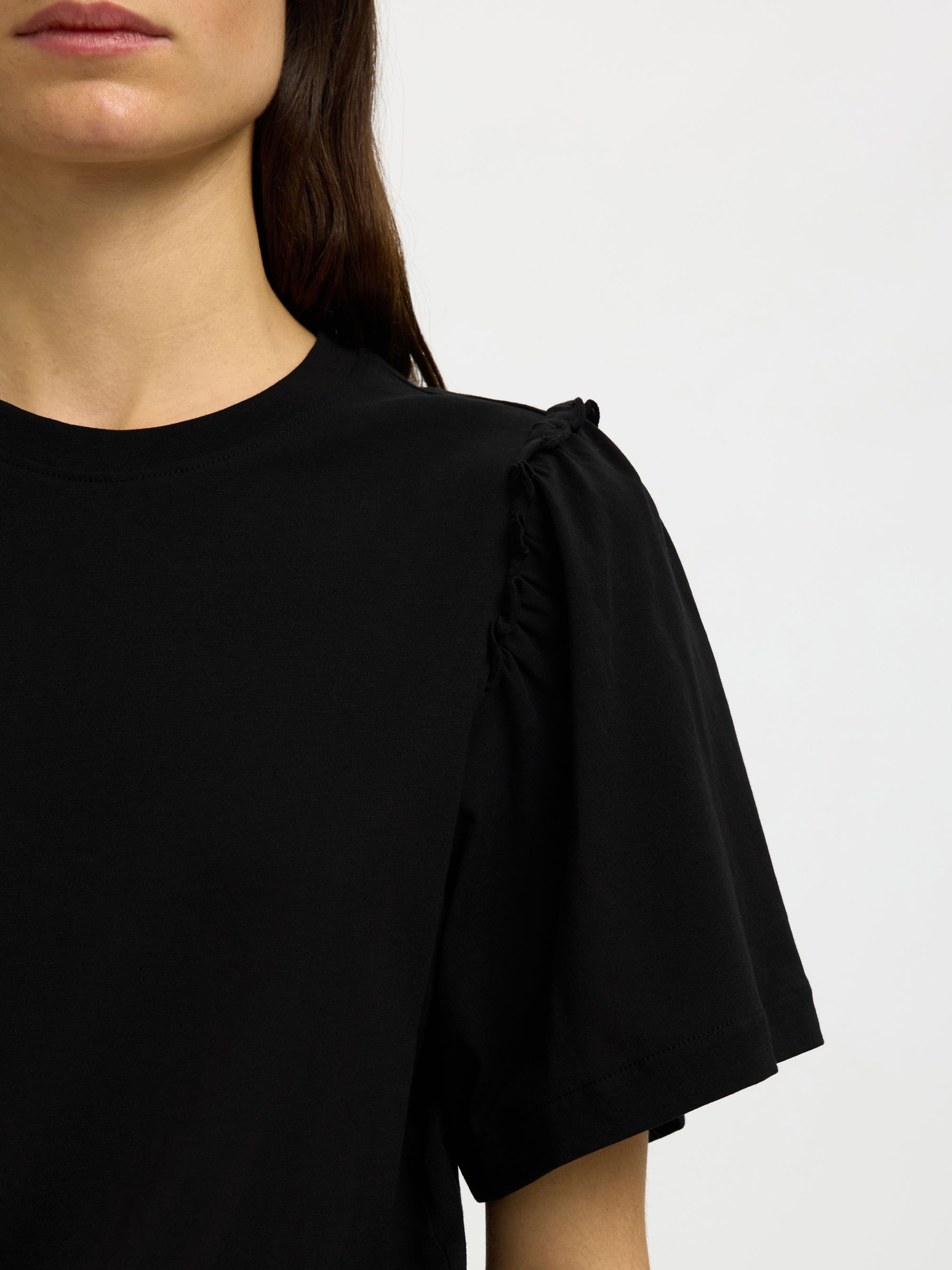 RUFFLED COTTON T-SHIRT, Black, highres